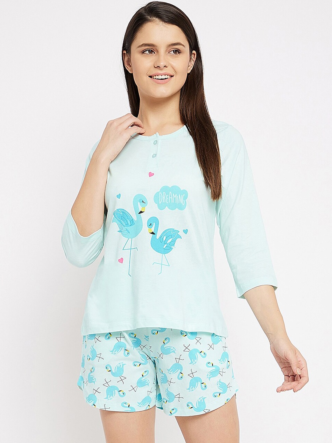 

Clovia Women Blue & Yellow Printed Night suit