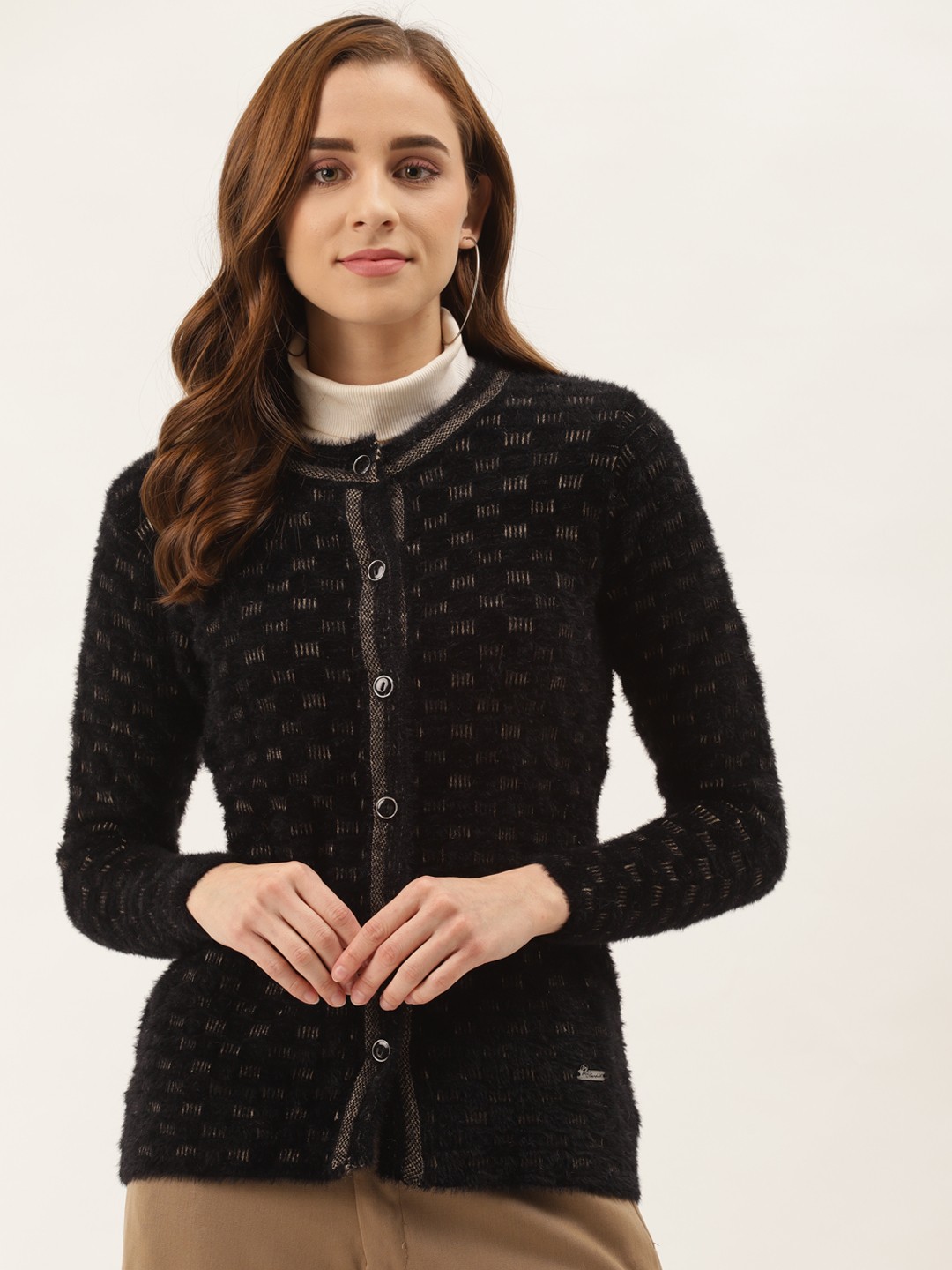 

Duke Women Black& Beige Checked Woolen Cardigan with Fuzzy Detail