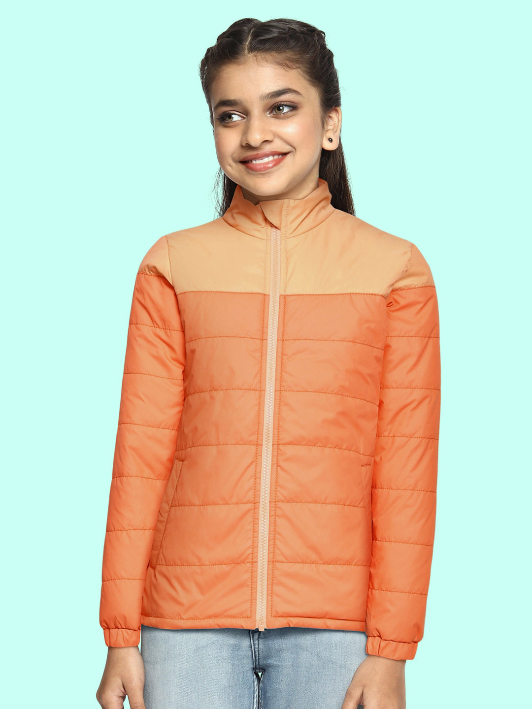 

JUSTICE Girls Orange & Peach Colourblocked Regular Padded Jacket
