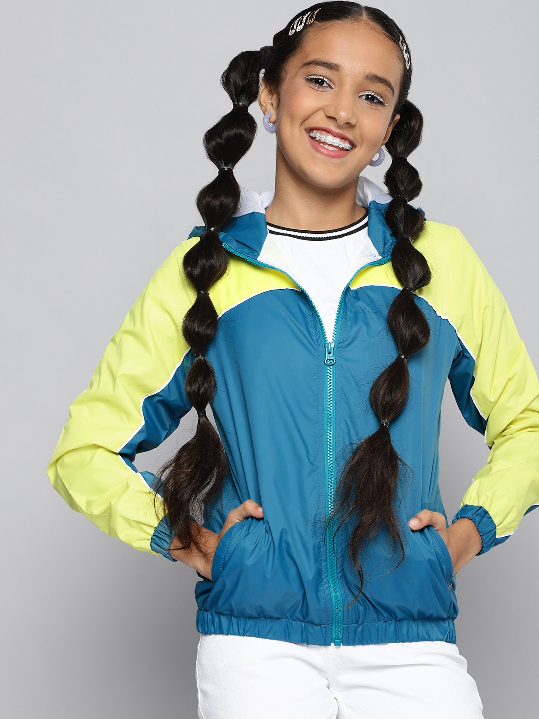 

JUSTICE Girls Blue & Lime Green Colourblocked Tailored Jacket