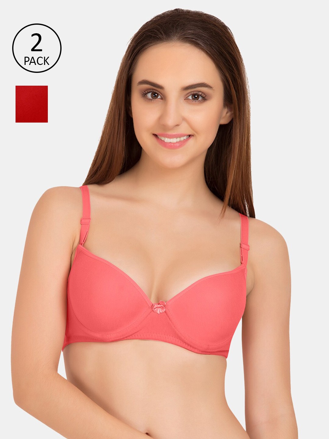 

Tweens Pack Of 2 Coral & Red Solid T-Shirt Bras - Non-Wired Heavily Padded