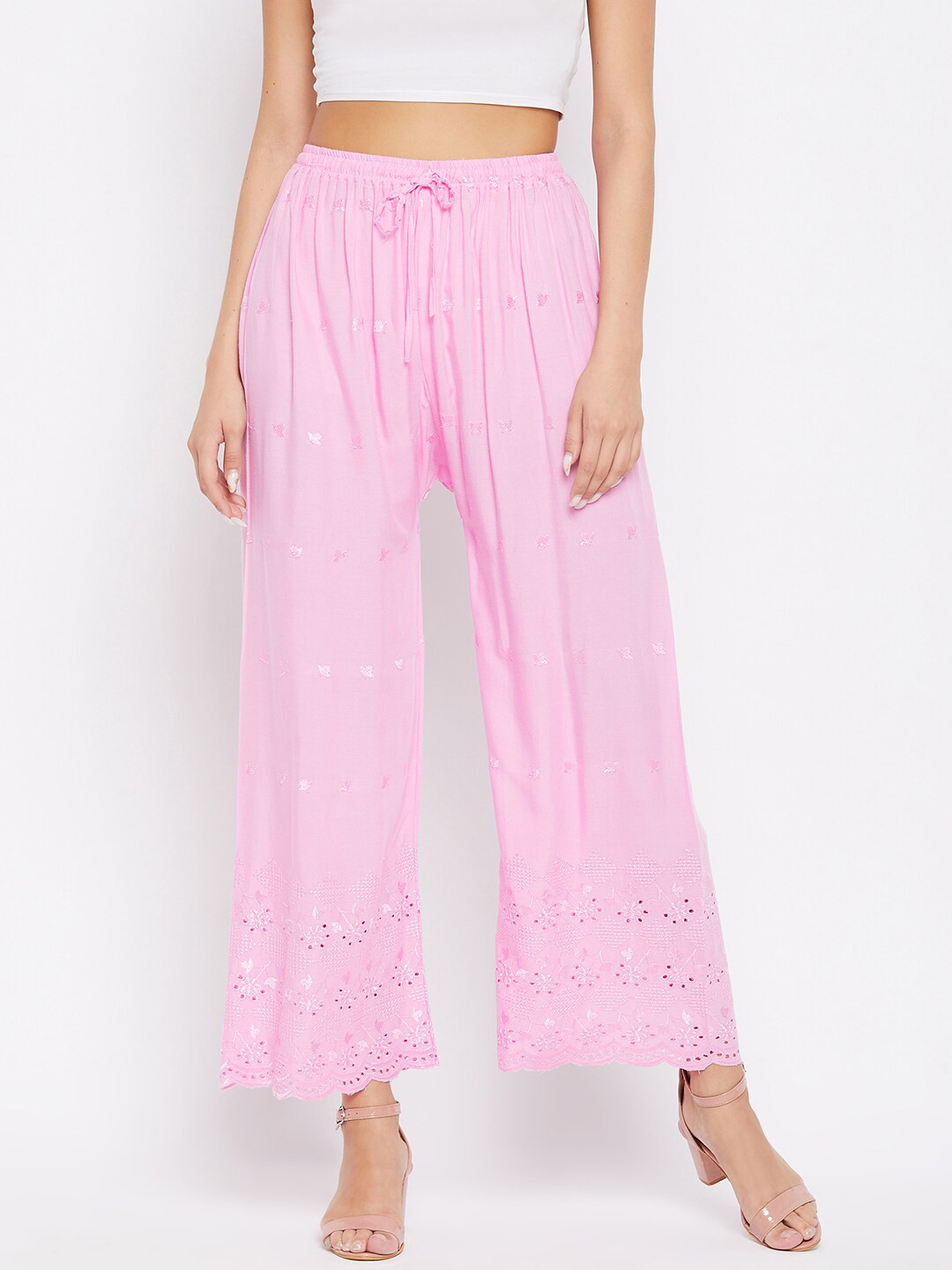 

Clora Creation Women Pink Floral Chikankari Embroidered Palazzo