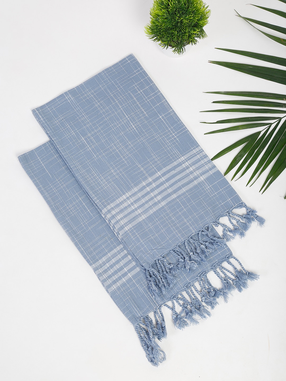 

Fabindia Set Of 2 Blue & White Checked 120 GSM Towels