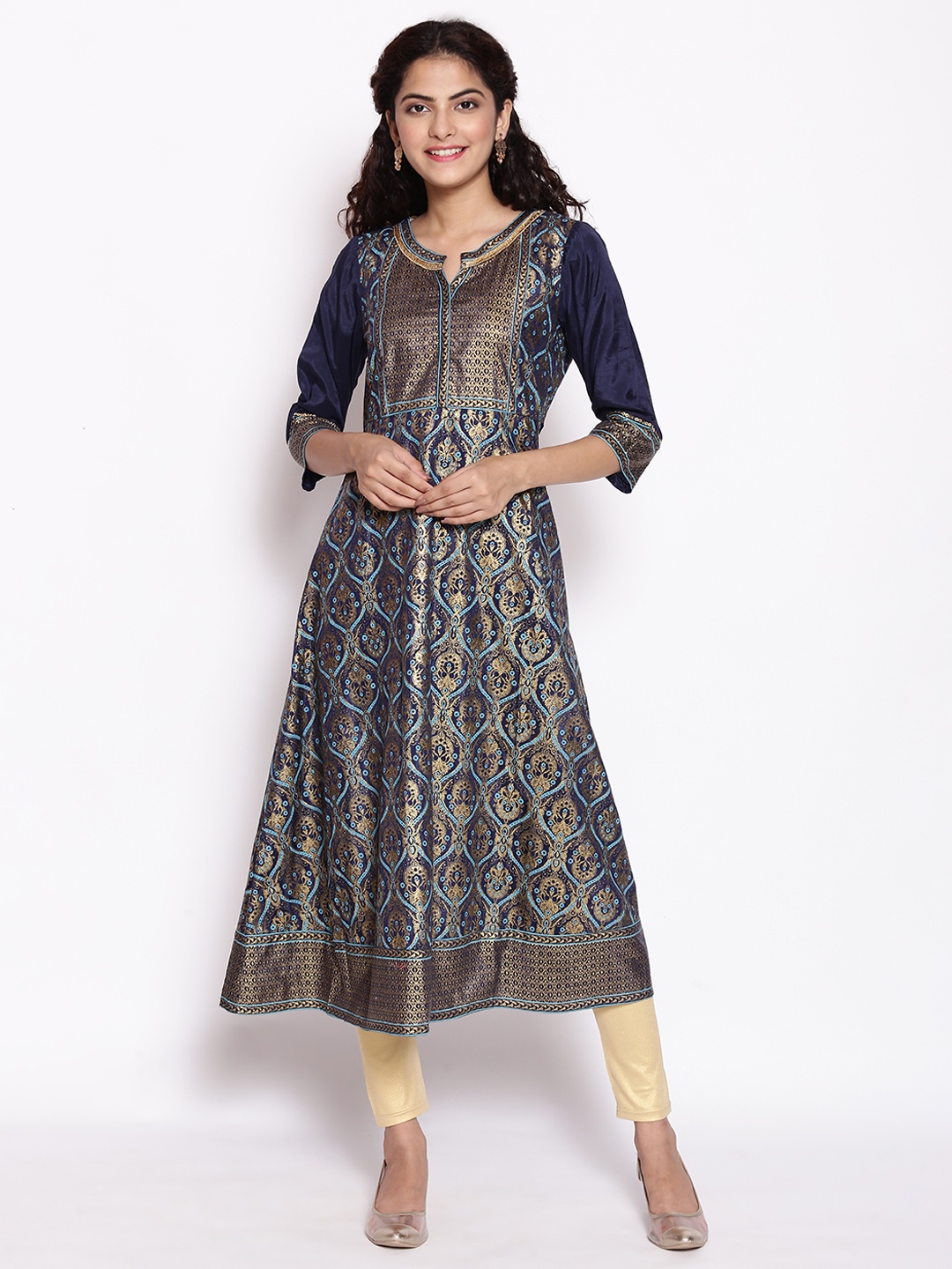 

AURELIA Women Navy Blue & Gold-Toned Ethnic Motif Kurta