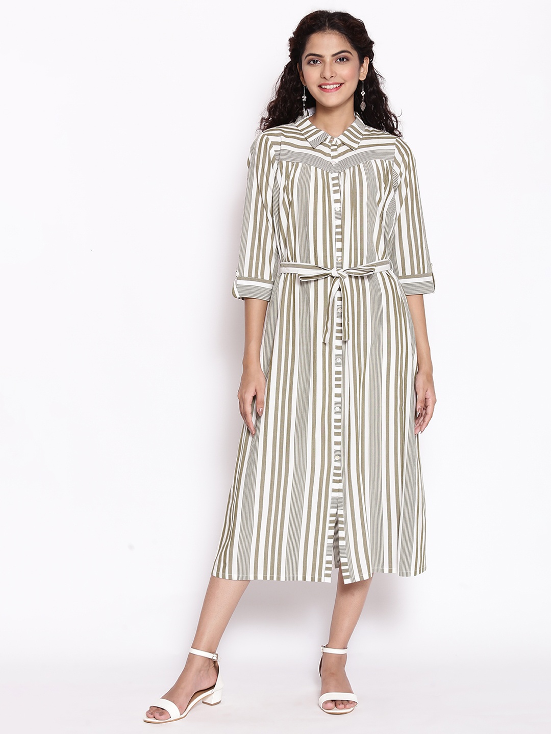 

AURELIA Olive Green & White Striped Shirt Midi Dress With Waist Tie Up