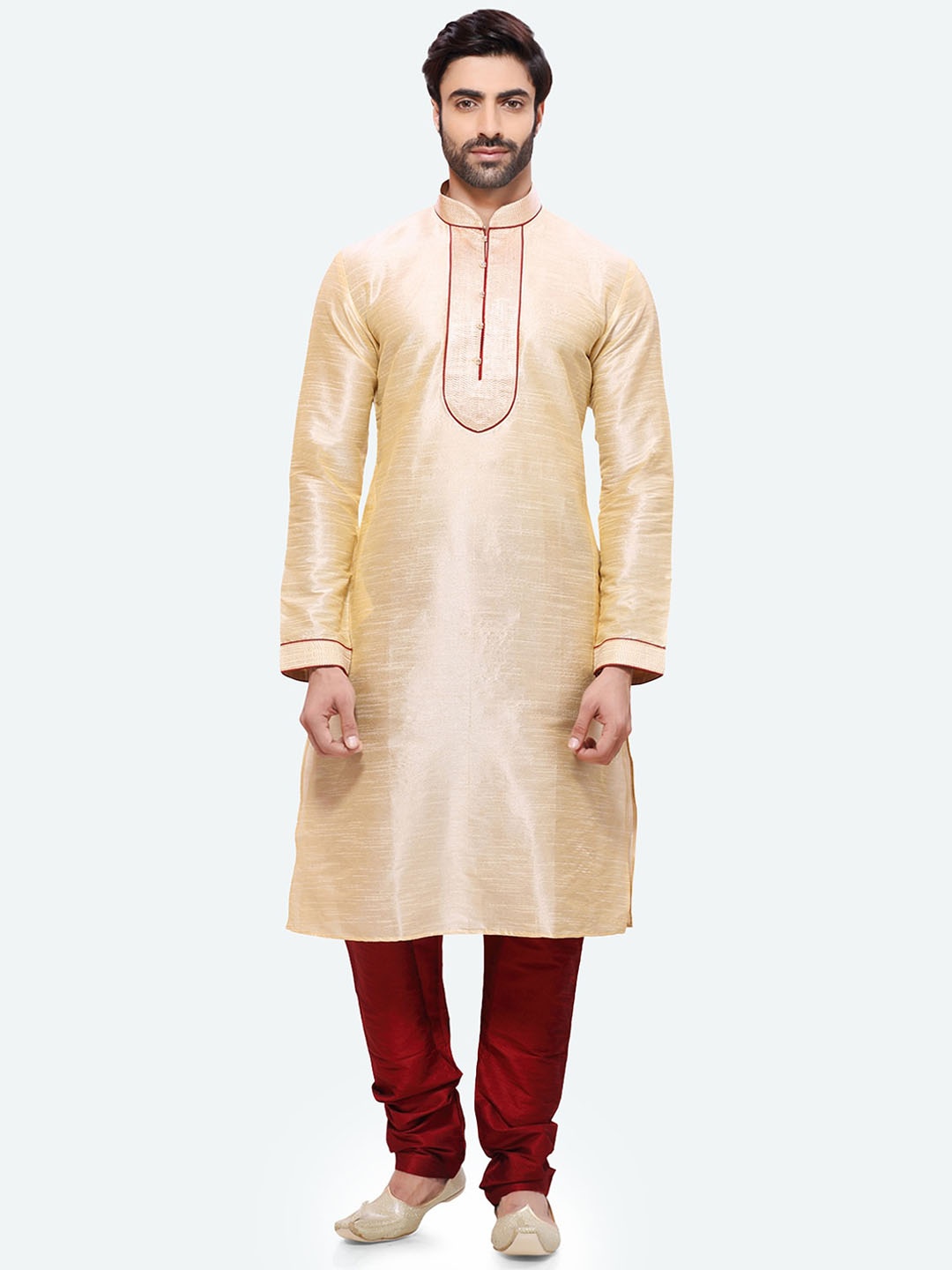 

RG DESIGNERS Men Beige & Maroon Art Silk Regular Kurta With Pyjamas