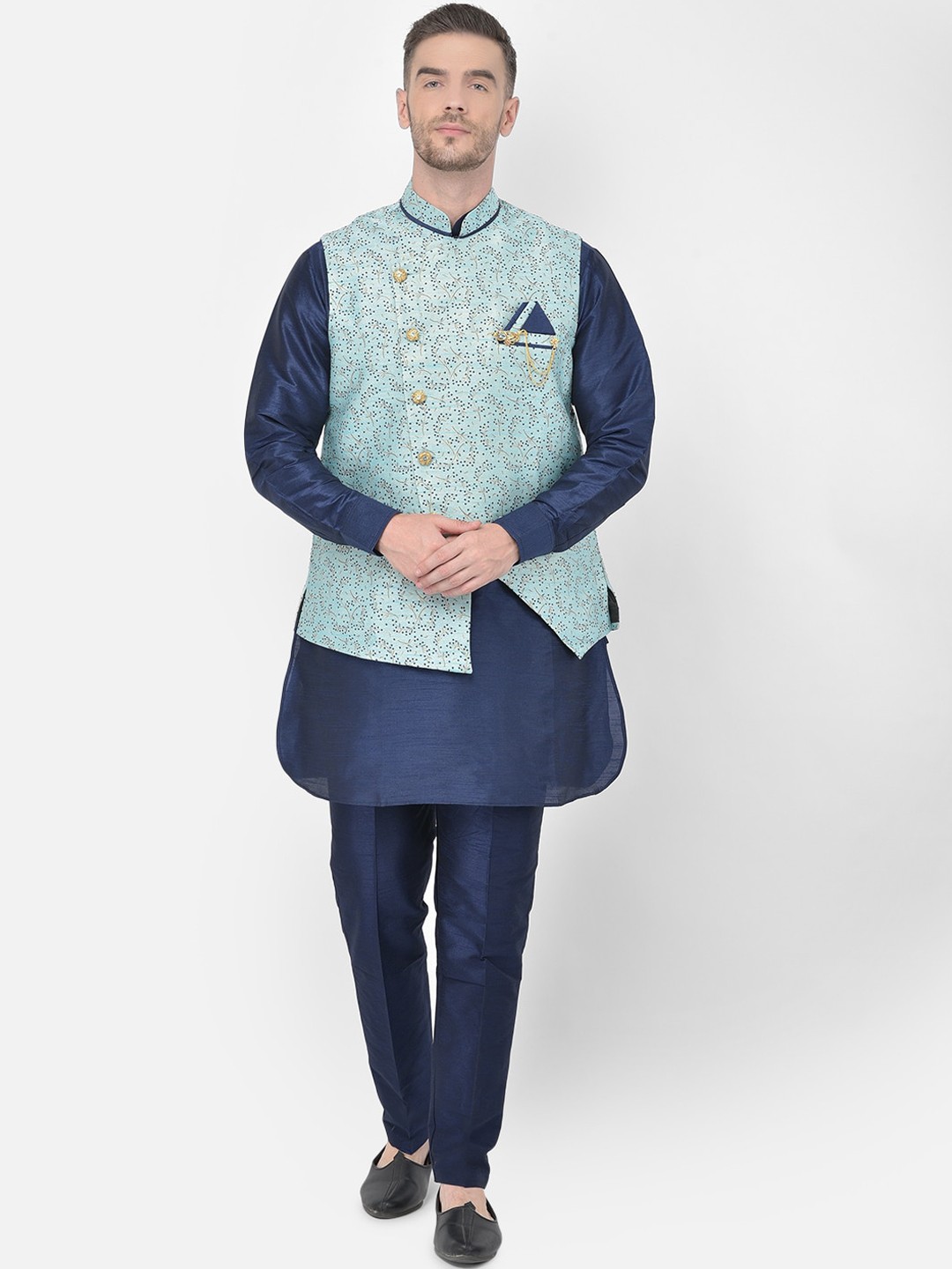 

SG RAJASAHAB Men Blue Regular Raw Silk Trousers with Churidar & Jacket