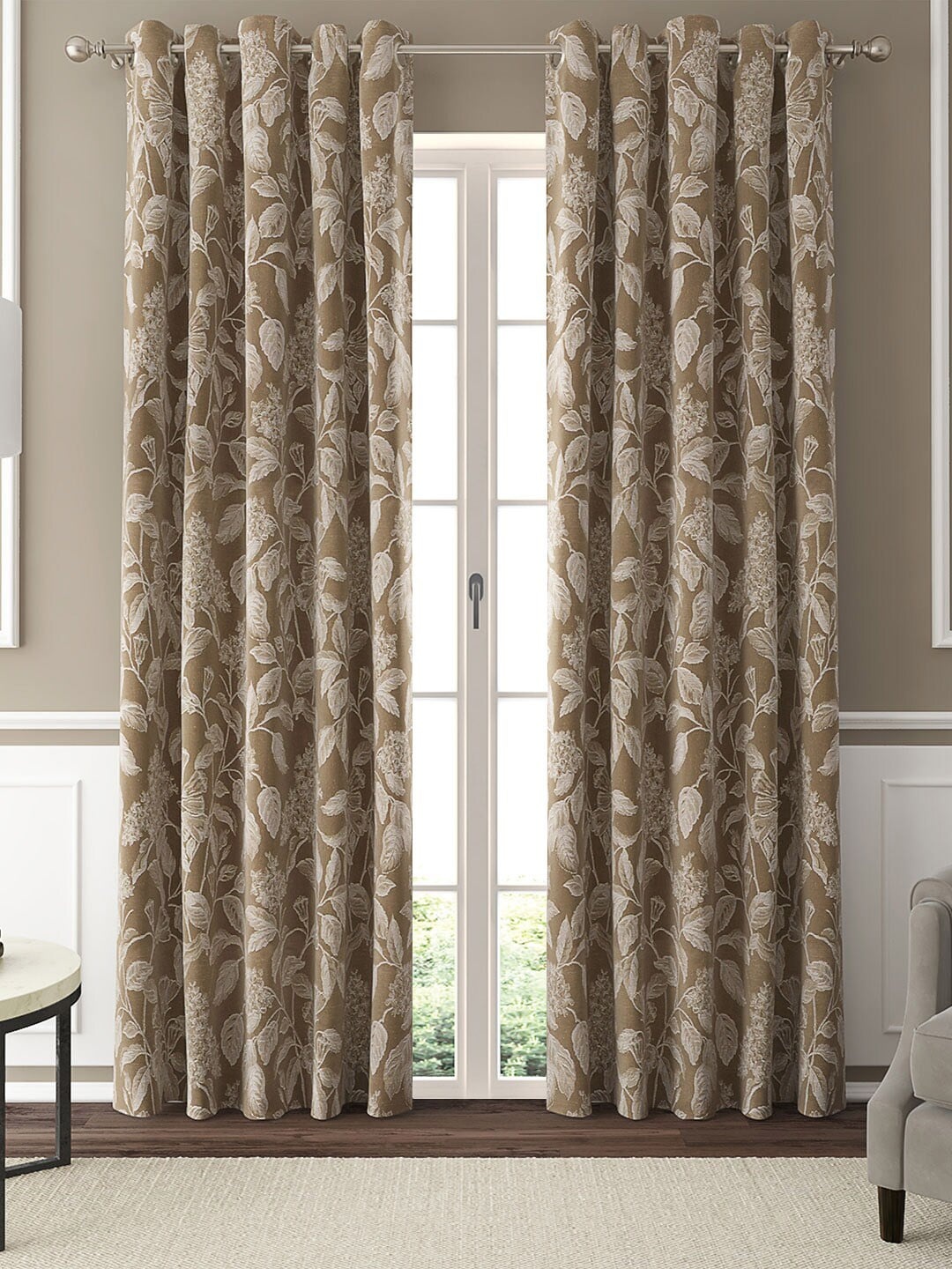

GM Brown & Beige Set of 2 Floral Room Darkening Door Curtains