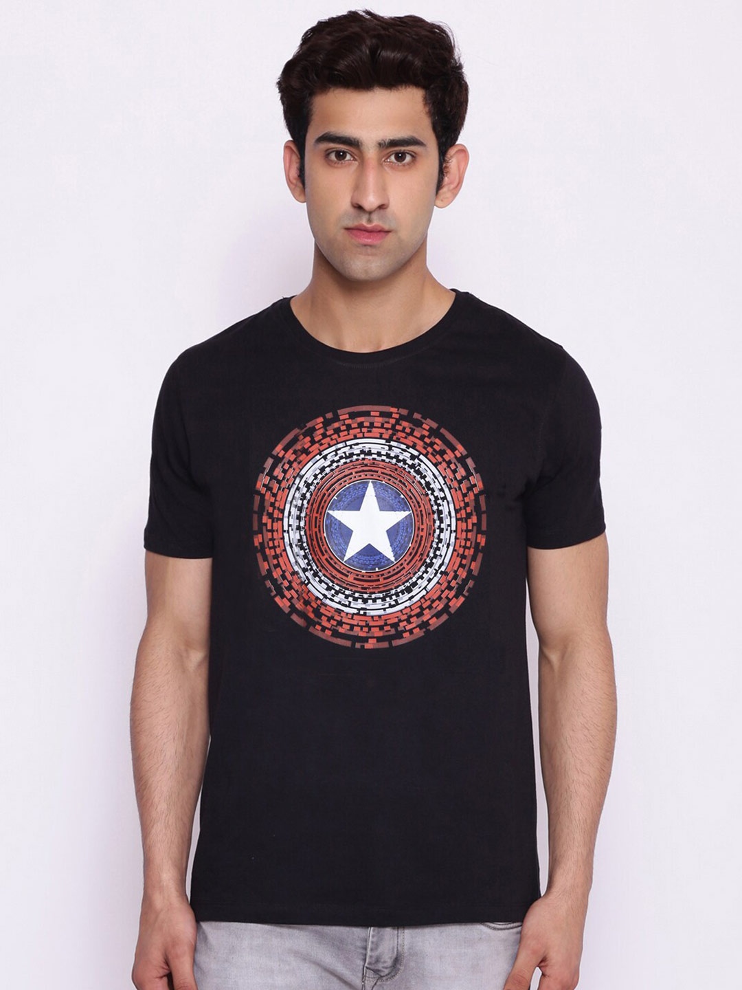 Marvel by Wear Your Mind Men Black Red Captain America Printed Pure Cotton T-shirt