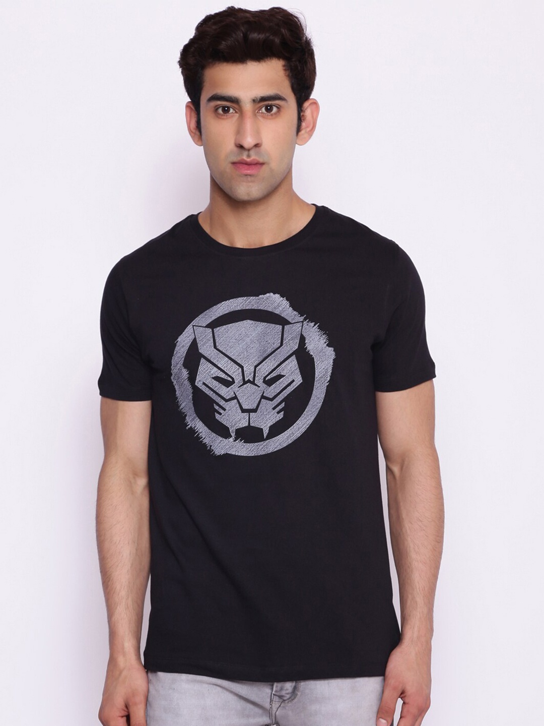 

Marvel by Wear Your Mind Men Black Grey Black Panther Printed Pure Cotton T-shirt
