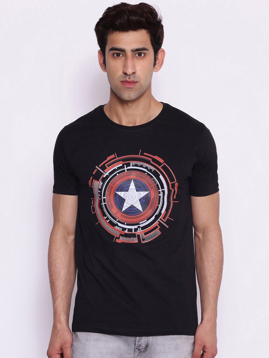 

Marvel by Wear Your Mind Men Black Red Captain America Printed Pure Cotton T-shirt