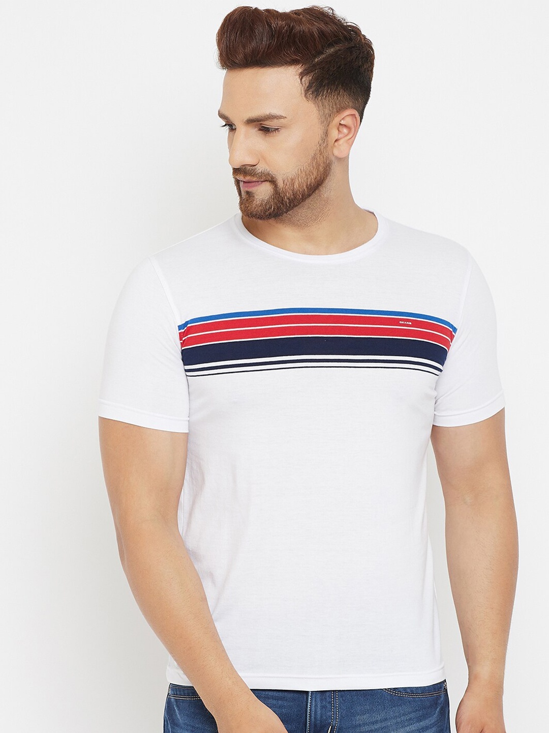

Okane Men White & Red Striped T-shirt