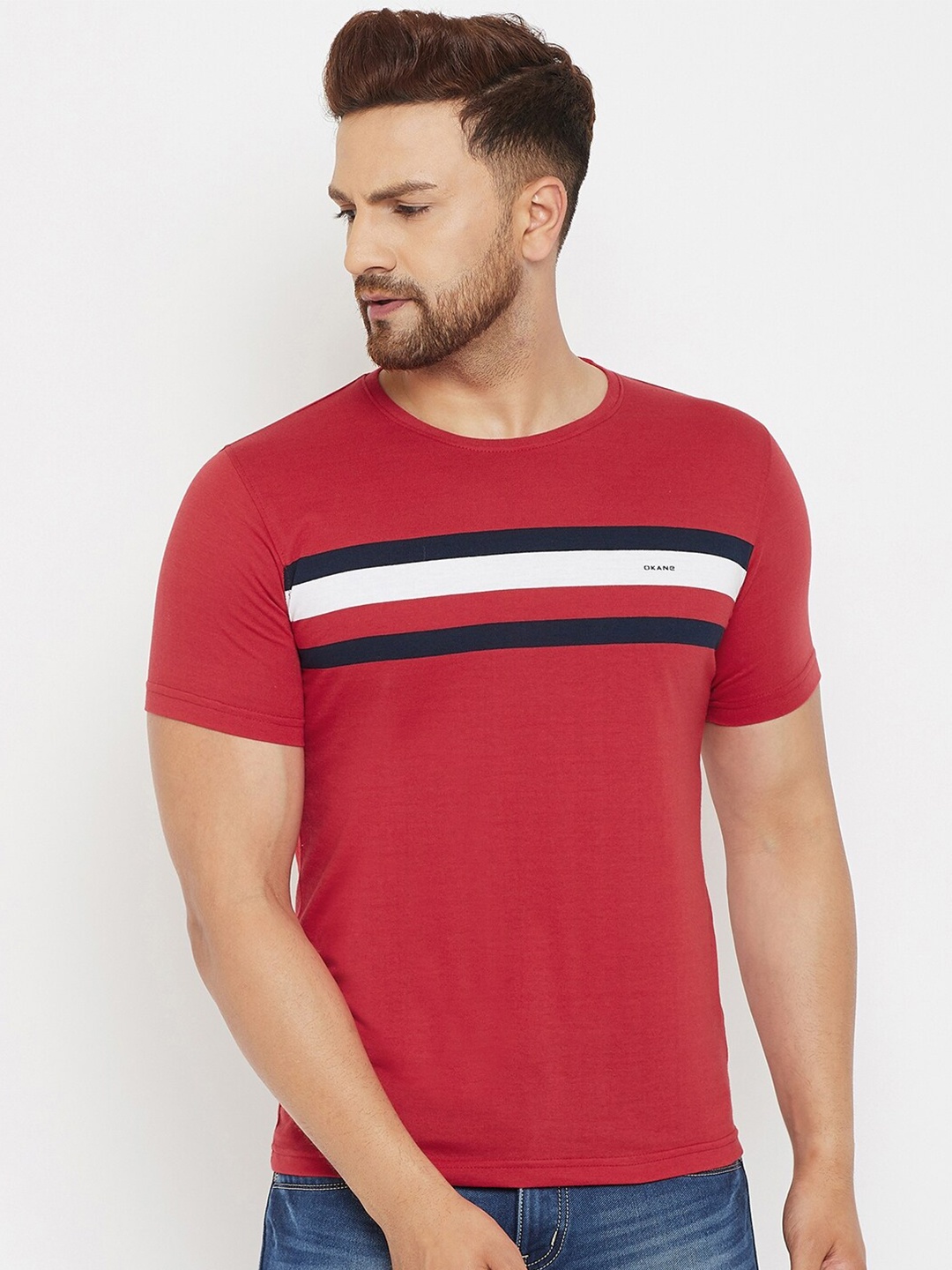 

Okane Men Red & White Striped T-shirt