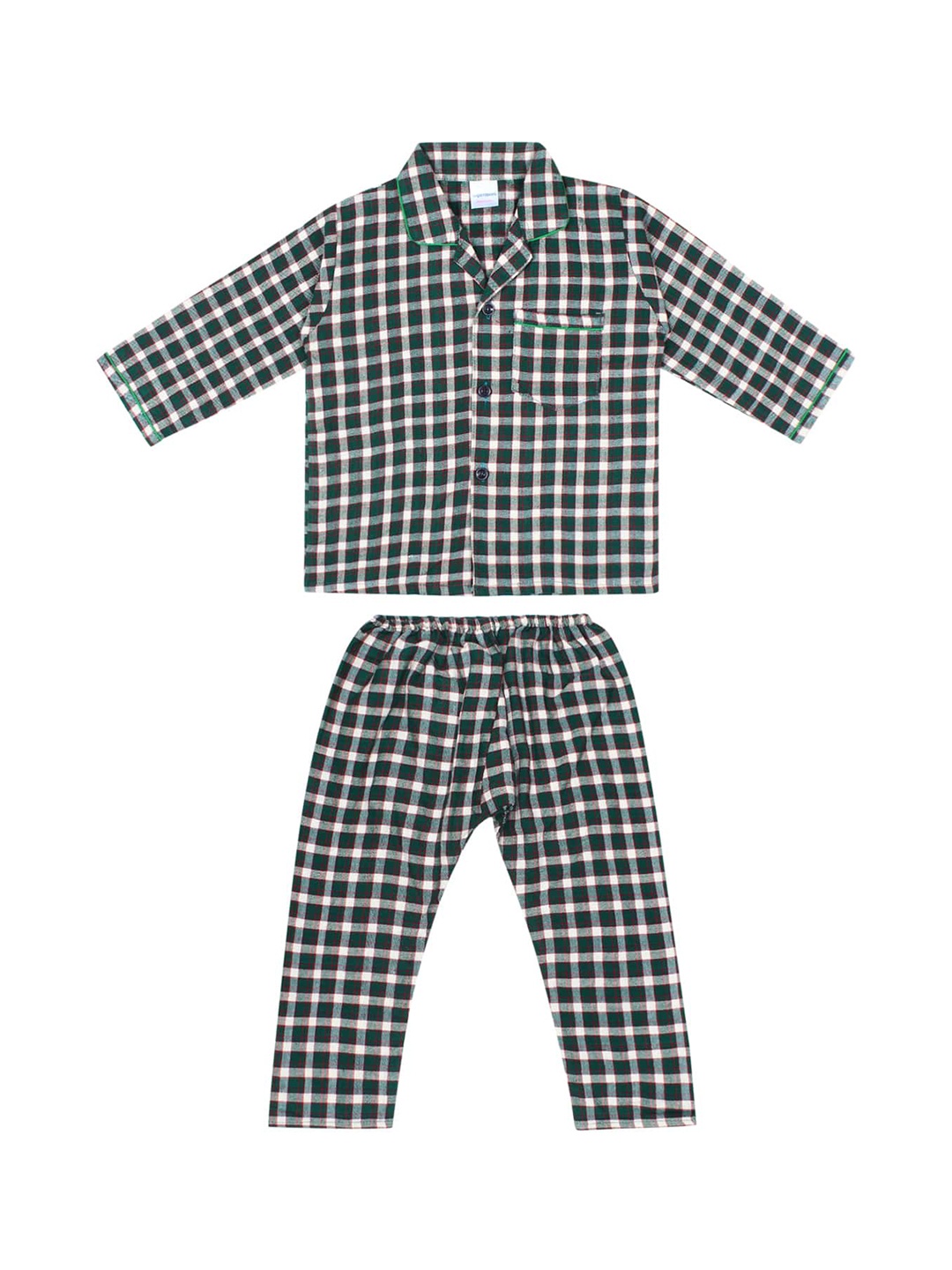 Superminis Kids Green & White Checked Pure Cotton Night suit