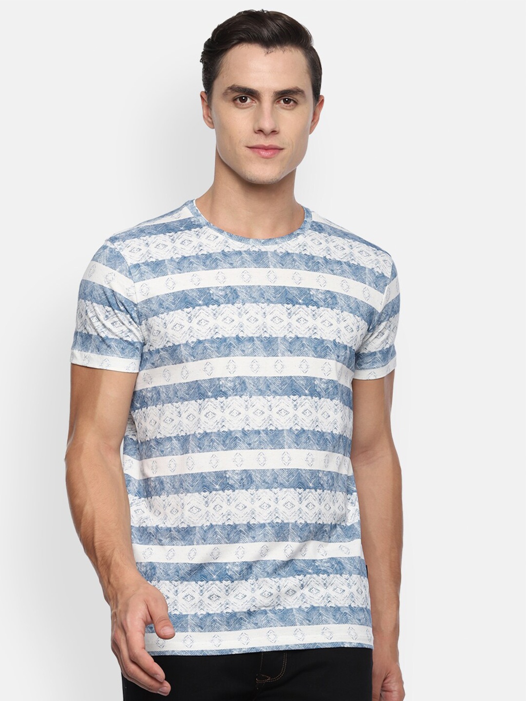 

Louis Philippe Men Blue Striped Slim Fit T-shirt
