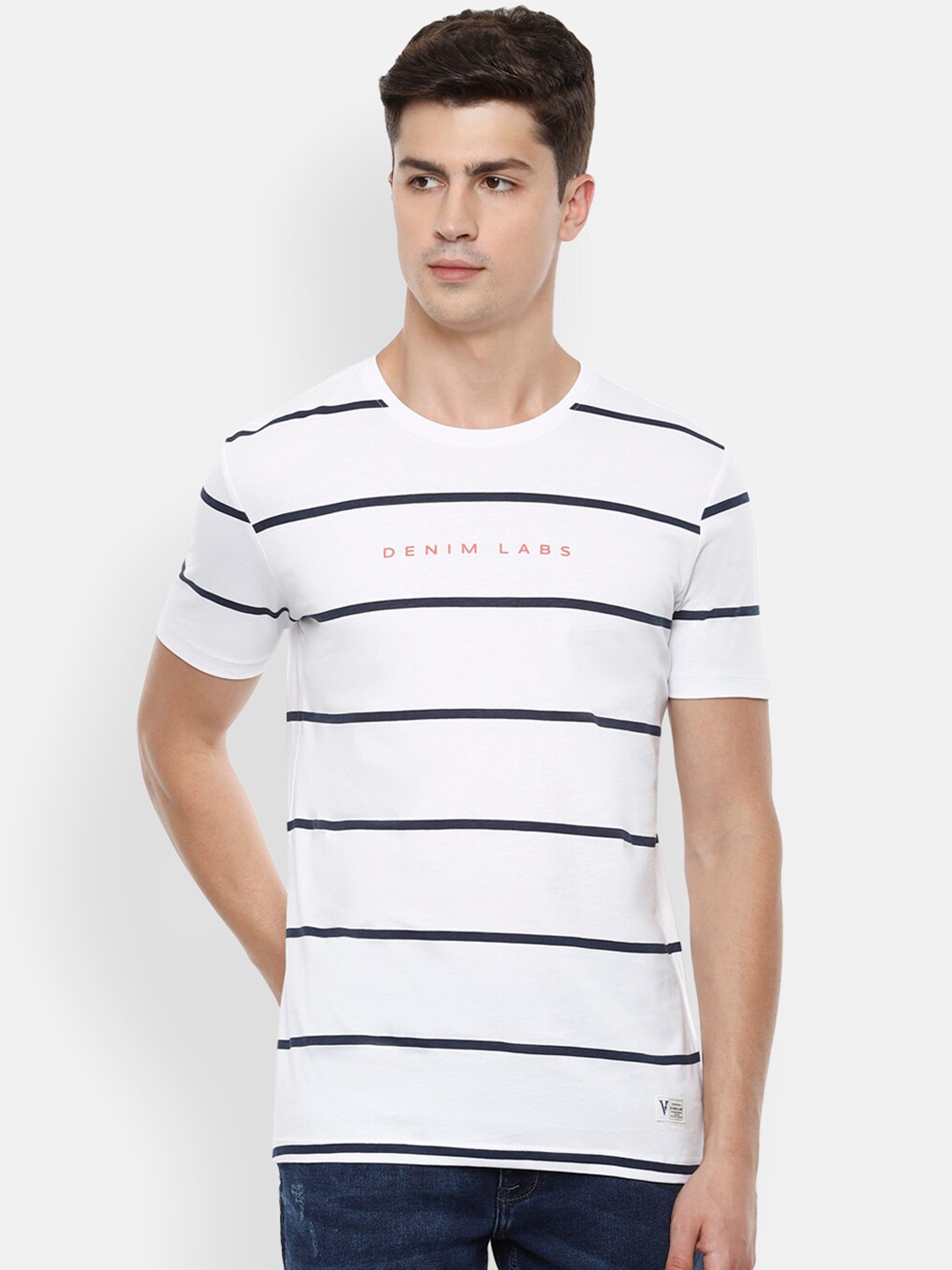 

VAN HEUSEN DENIM LABS Men White Striped T-shirt