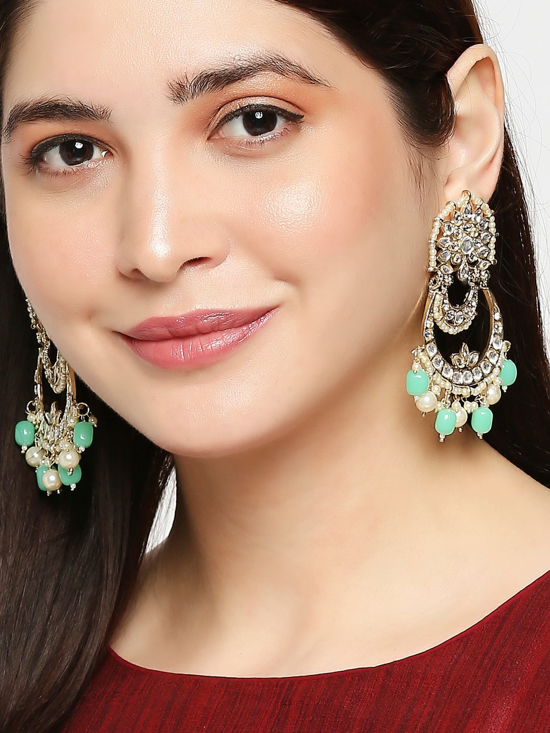 

OOMPH Green & White Circular Chandbalis Earrings