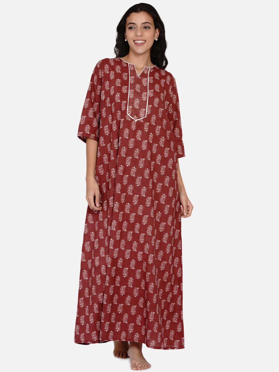 

The Kaftan Company Women Red Block Printed Cotton Nightdress