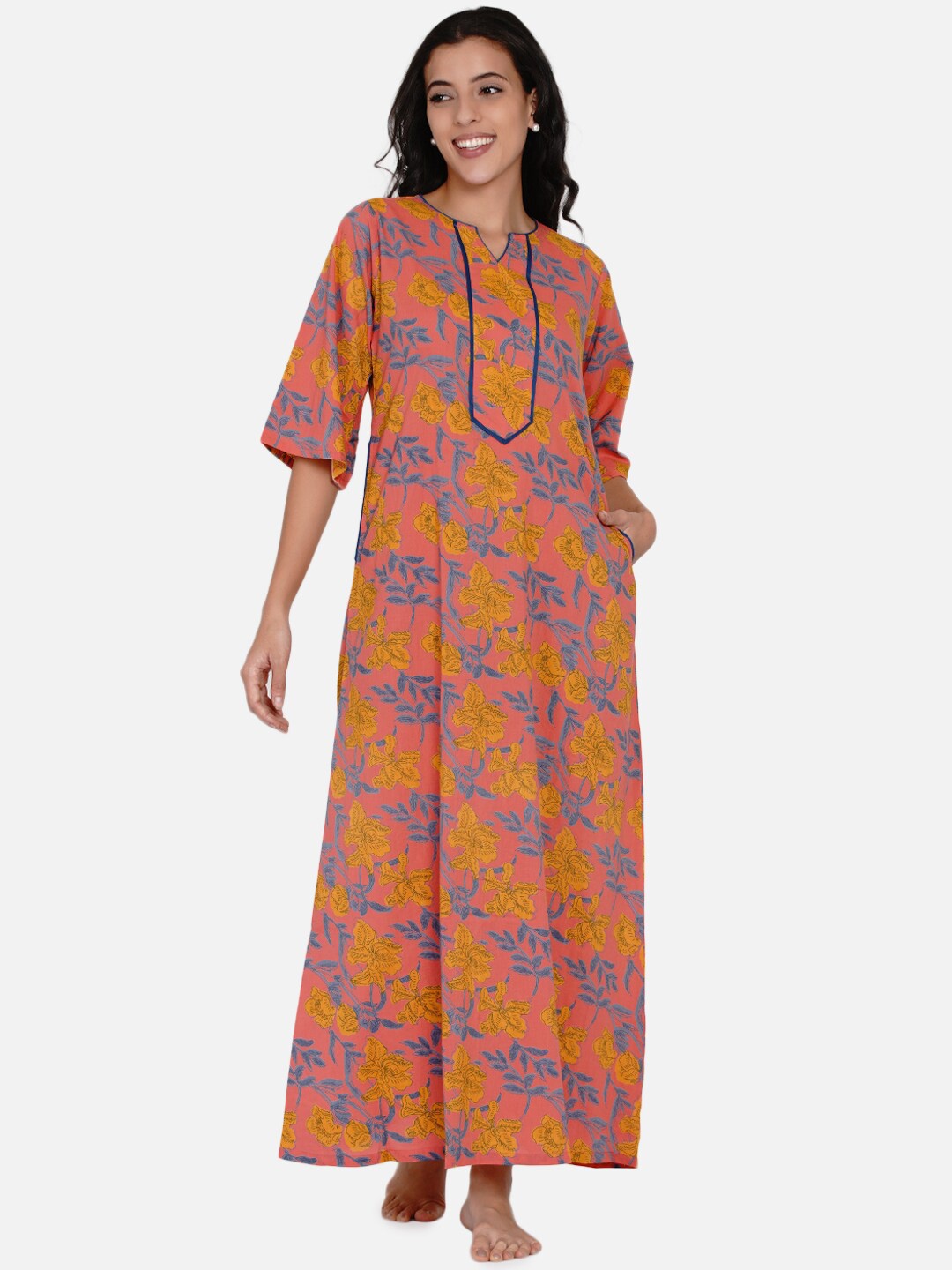 

The Kaftan Company Pink Printed Cotton Maxi Nightdress