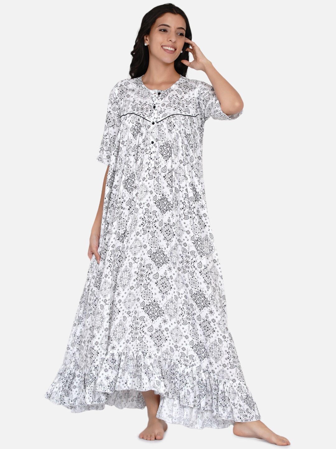 

The Kaftan Company White Printed Maxi Nightdress