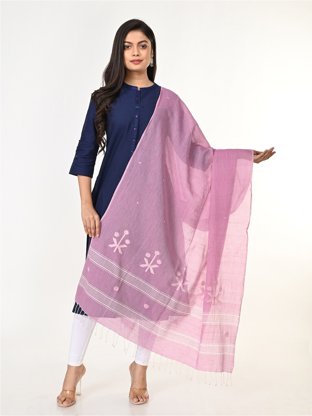 

ArtEastri Pink & White Woven Design Pure Cotton Dupatta