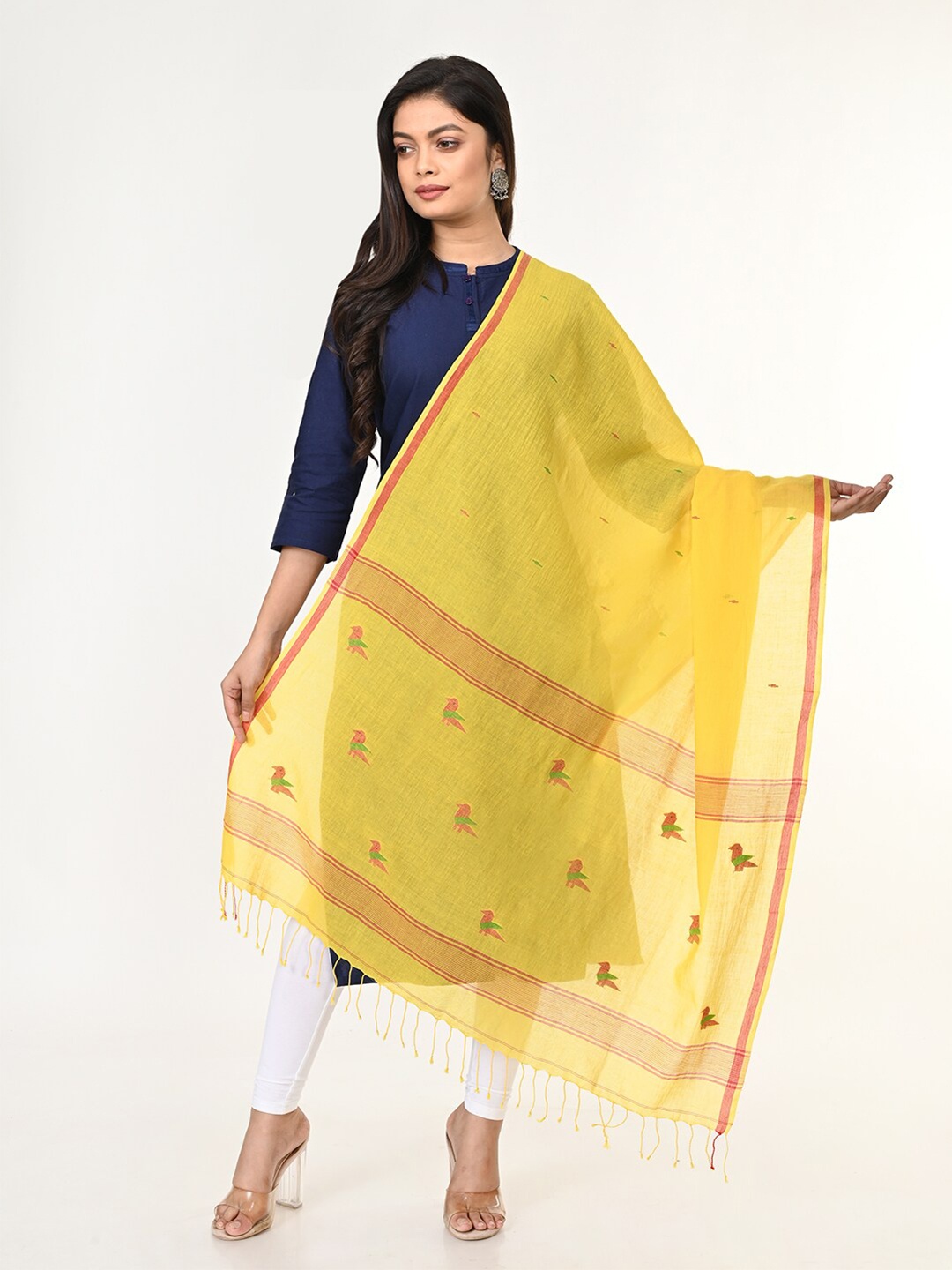 ArtEastri Yellow & Orange Ethnic Motifs Woven Design Pure Cotton Dupatta