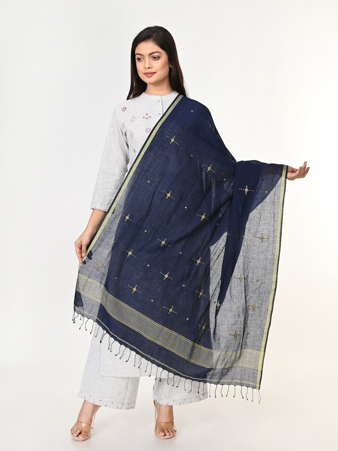 

ArtEastri Navy Blue & Yellow Woven Design Pure Cotton Dupatta