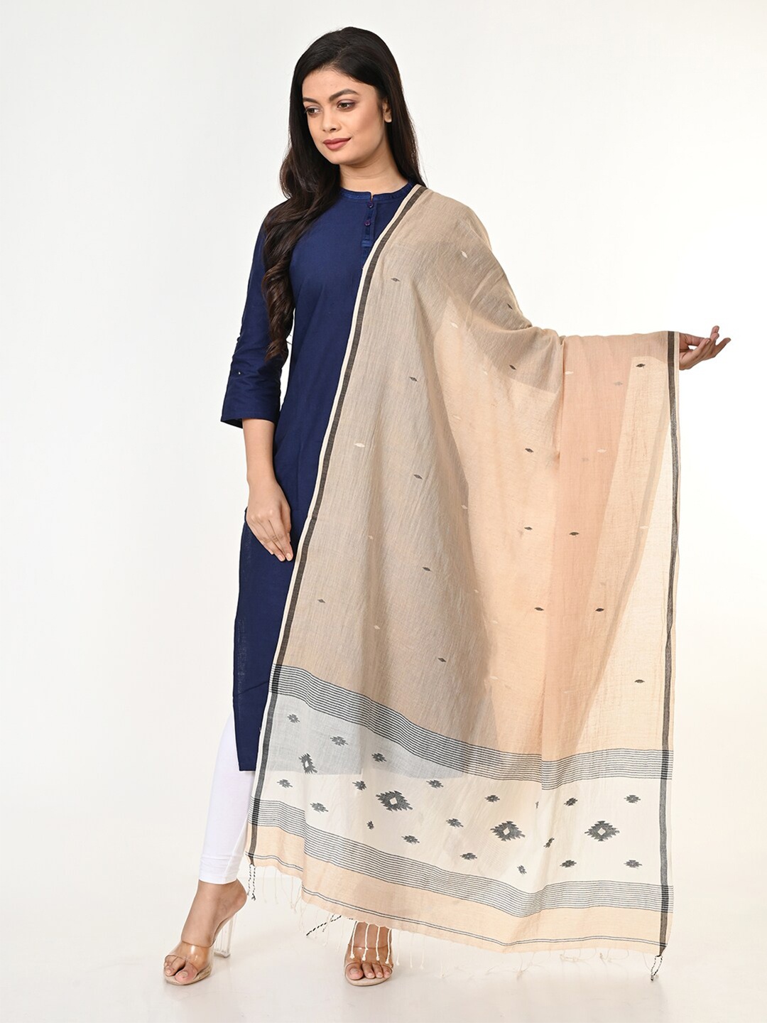 

ArtEastri Beige & Grey Woven Design Pure Cotton Dupatta