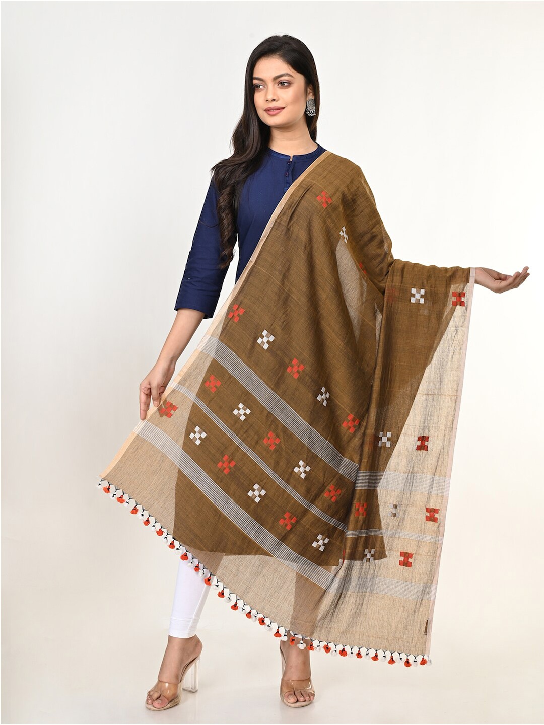 ArtEastri Brown & Orange Woven Design Pure Cotton Dupatta