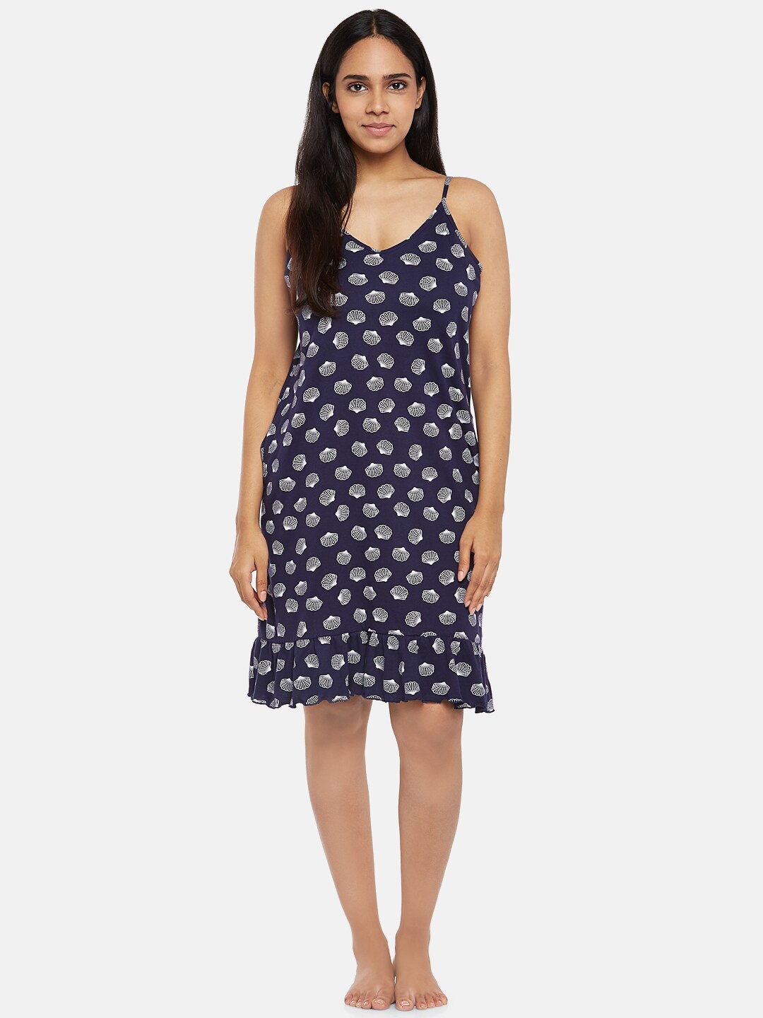 

People Women Navy Blue & White Printed Pure Cotton Nightdress