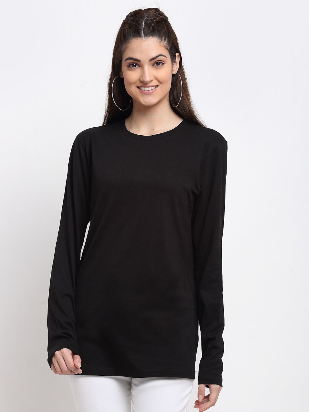 

DOOR74 Women Black Round Neck T-shirt