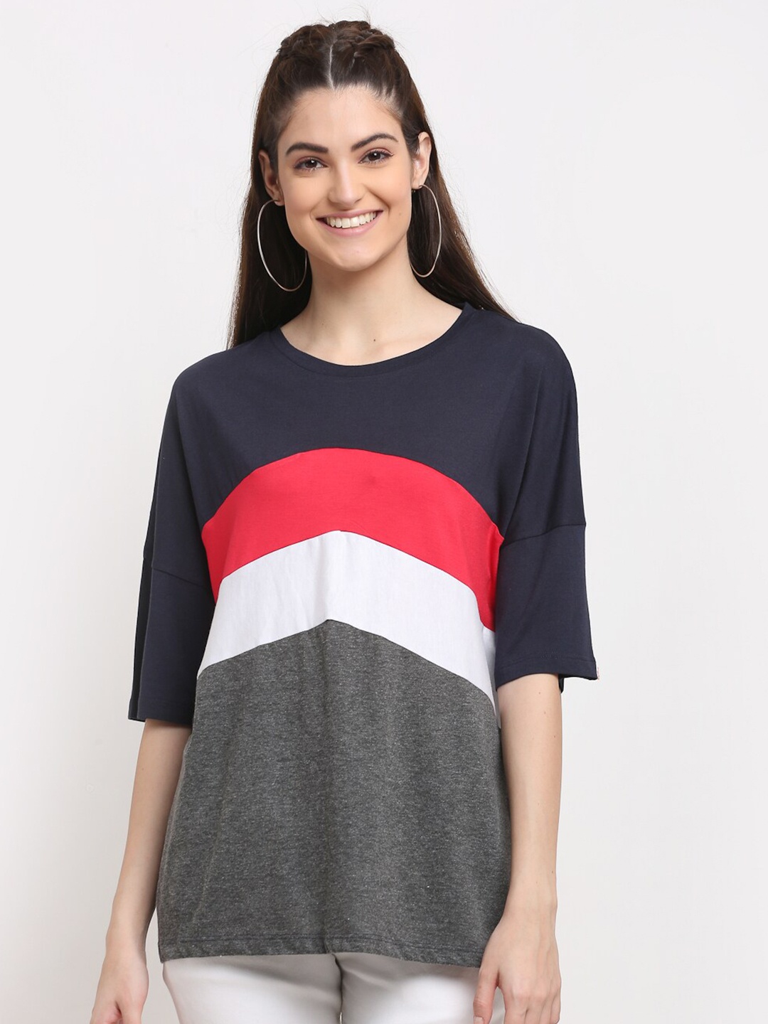 

DOOR74 Women Navy Blue & Grey Colourblocked Loose T-shirt