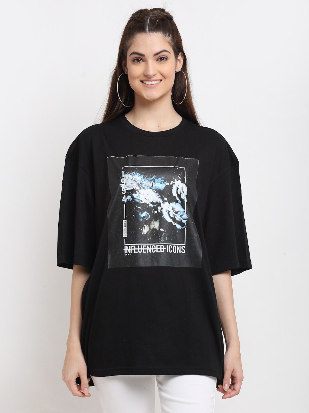 

DOOR74 Women Black Graphic Printed Loose T-shirt