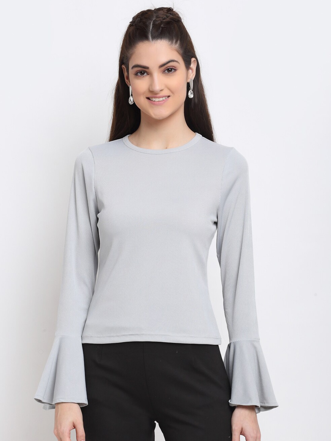 

DOOR74 Women Grey Bell Sleeve T-shirt