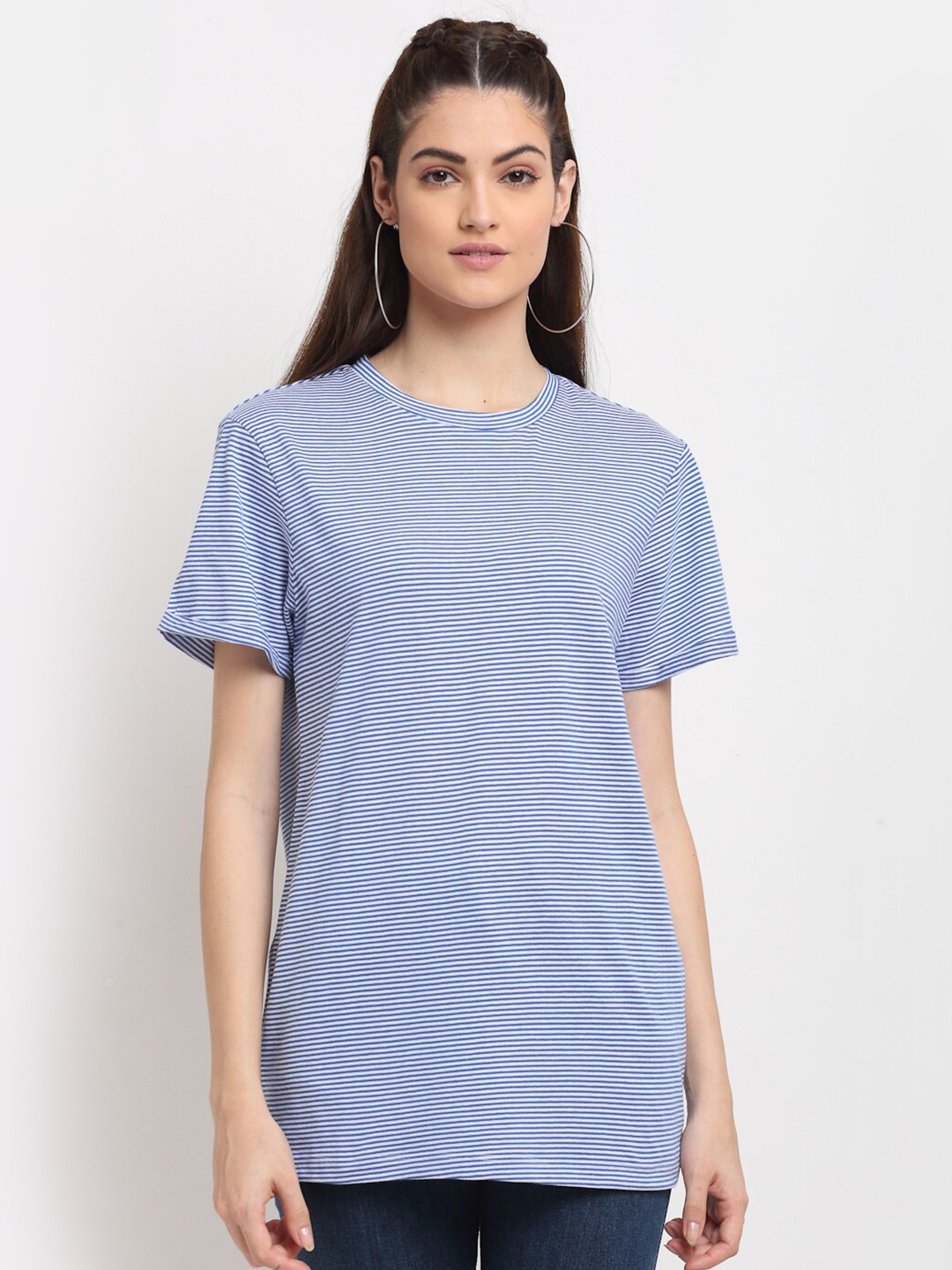 DOOR74 Women Blue Striped T-shirt