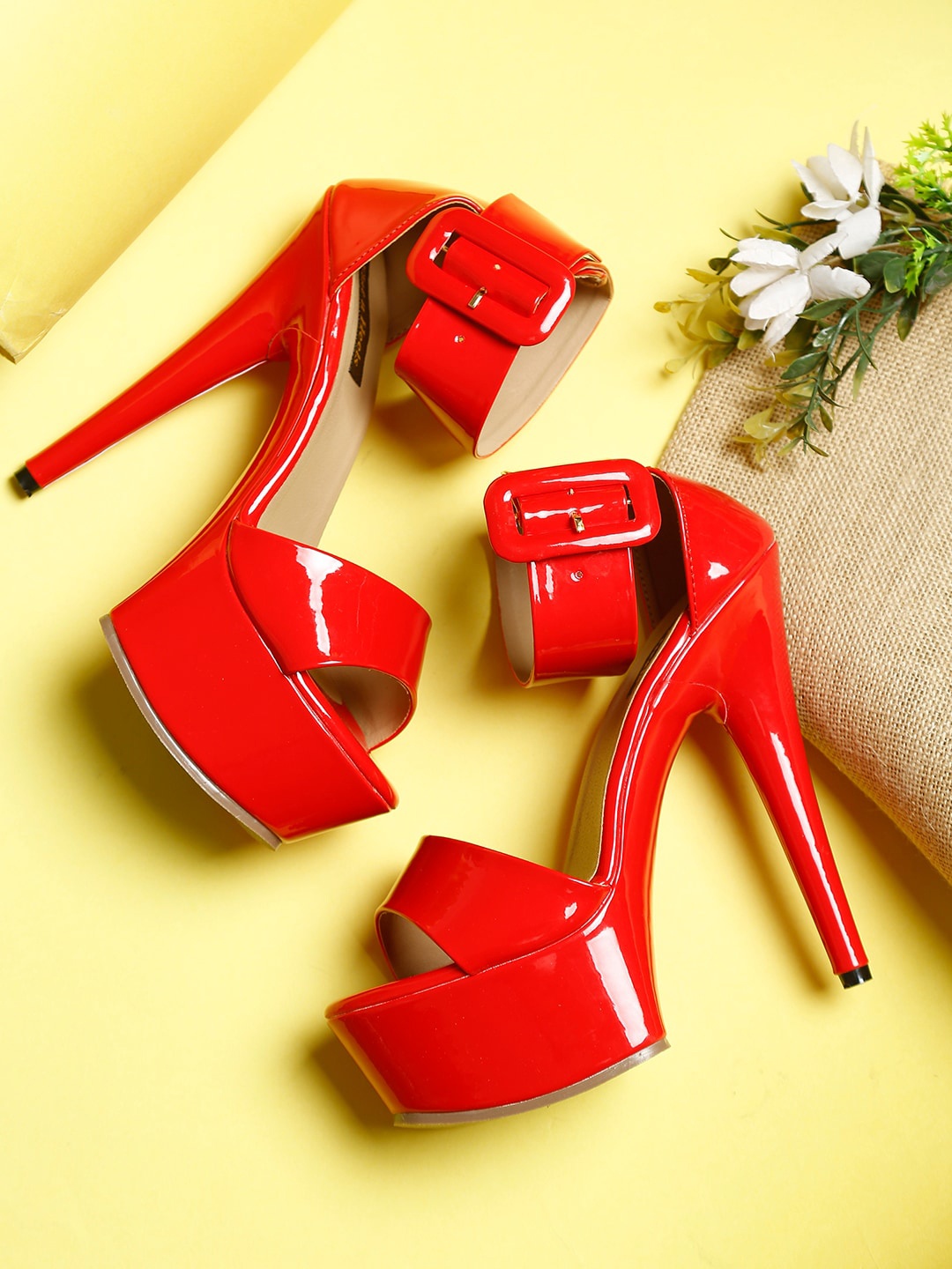 

Flat n Heels Red Stiletto Peep Toes with Buckles