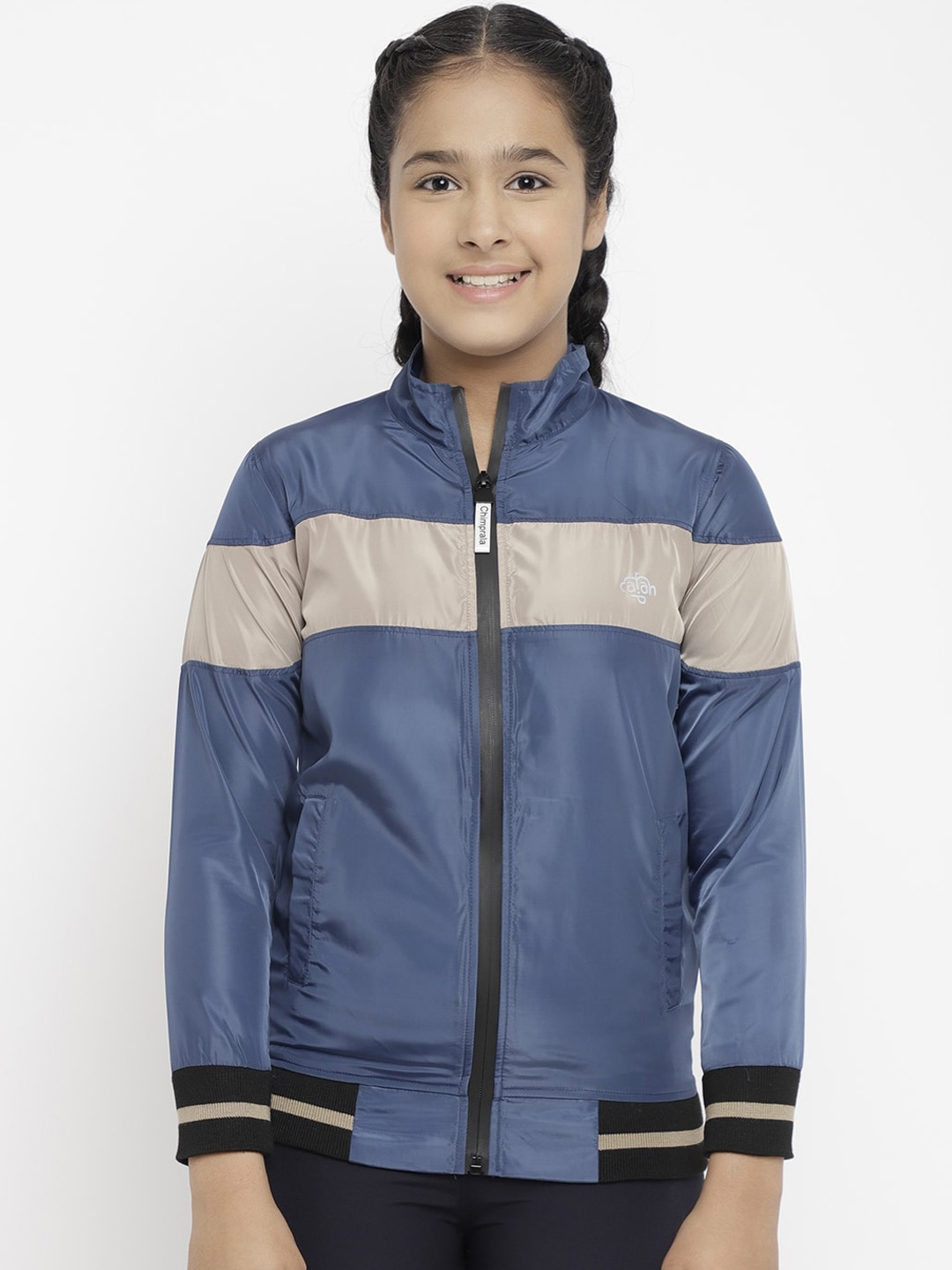

CHIMPRALA Girls Blue Colourblocked Water Resistant Bomber Jacket