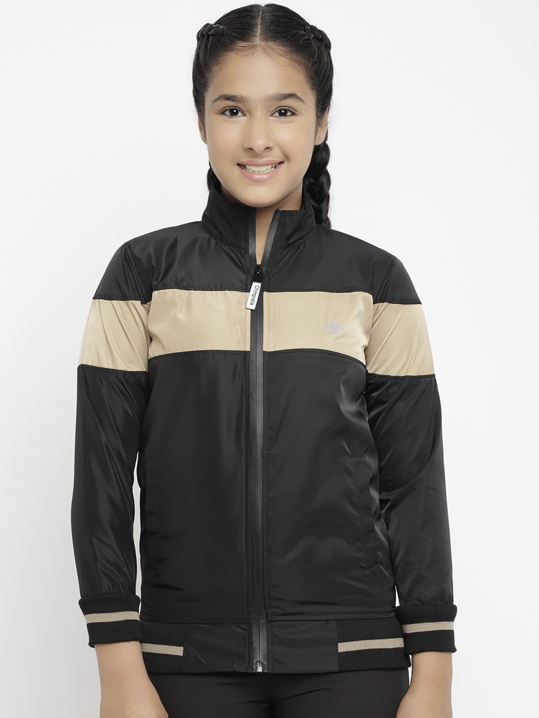 

CHIMPRALA Girls Black Beige Colourblocked Water Resistant Bomber Jacket