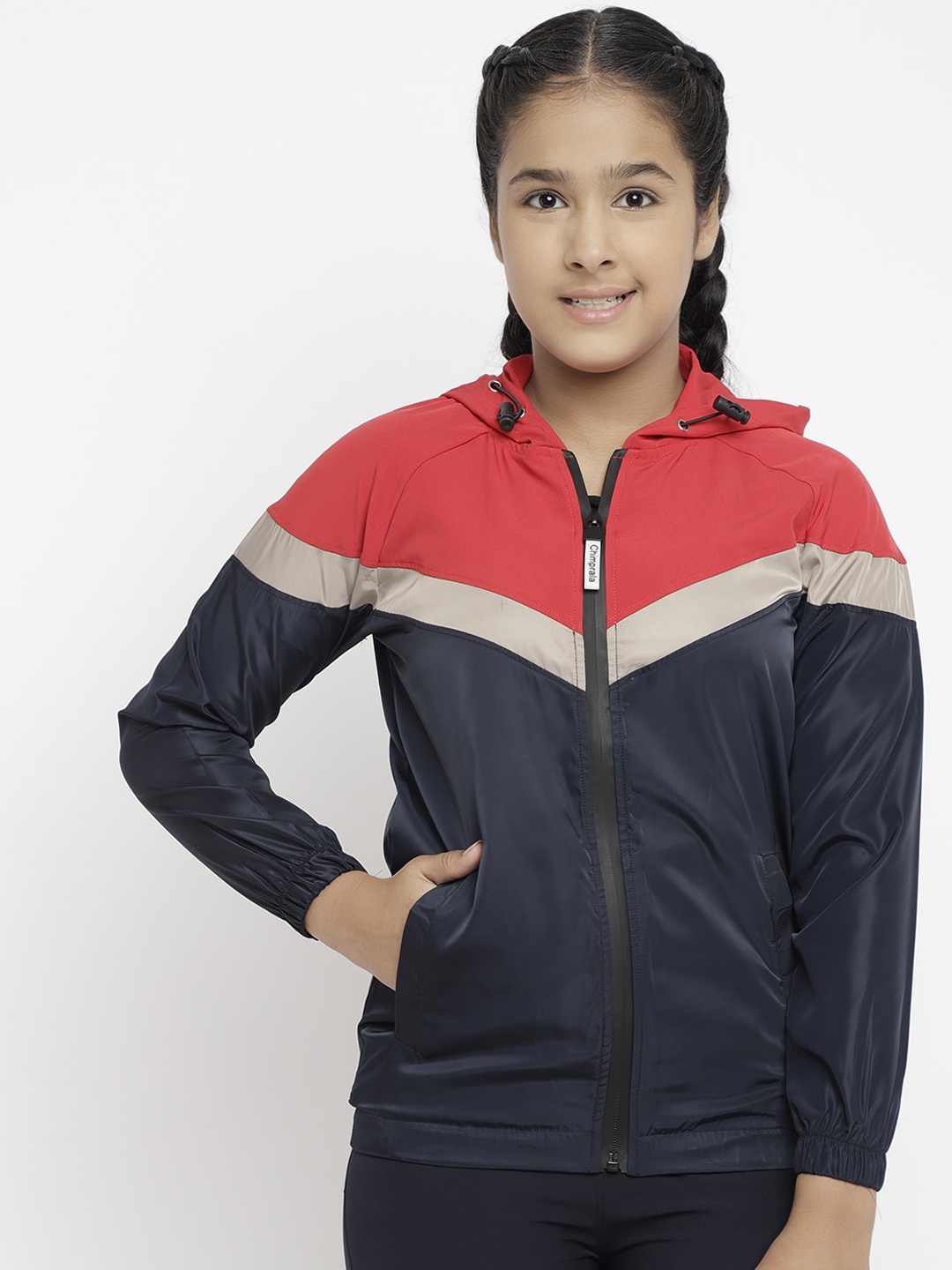 

CHIMPRALA Girls Navy Blue & Red Colourblocked Water Resistant Dry Fit Sporty Jacket