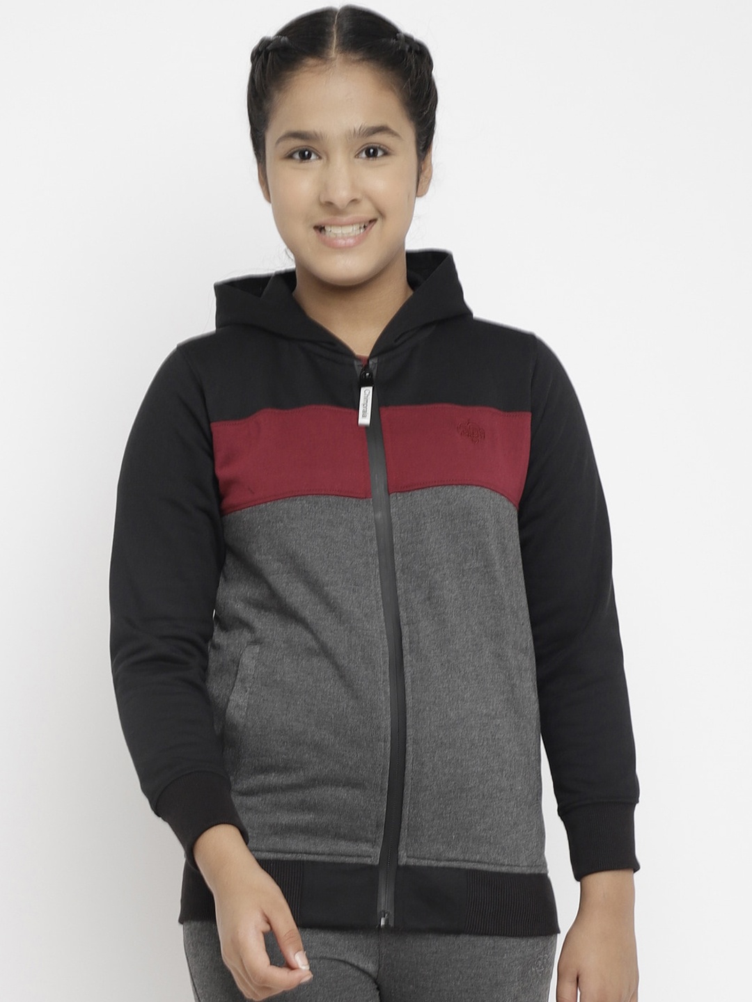

CHIMPRALA Girls Black Grey Colourblocked Fleece Lightweight Open Front Jacket