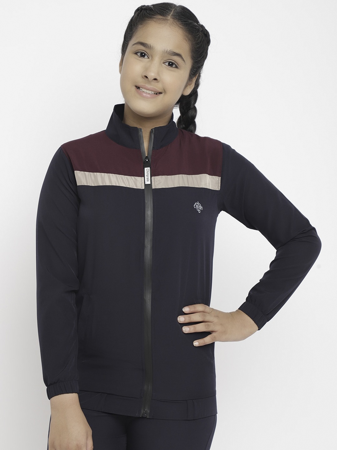 

CHIMPRALA Girls Maroon & Navy Blue Colourblocked Water Resistant Sporty Jacket
