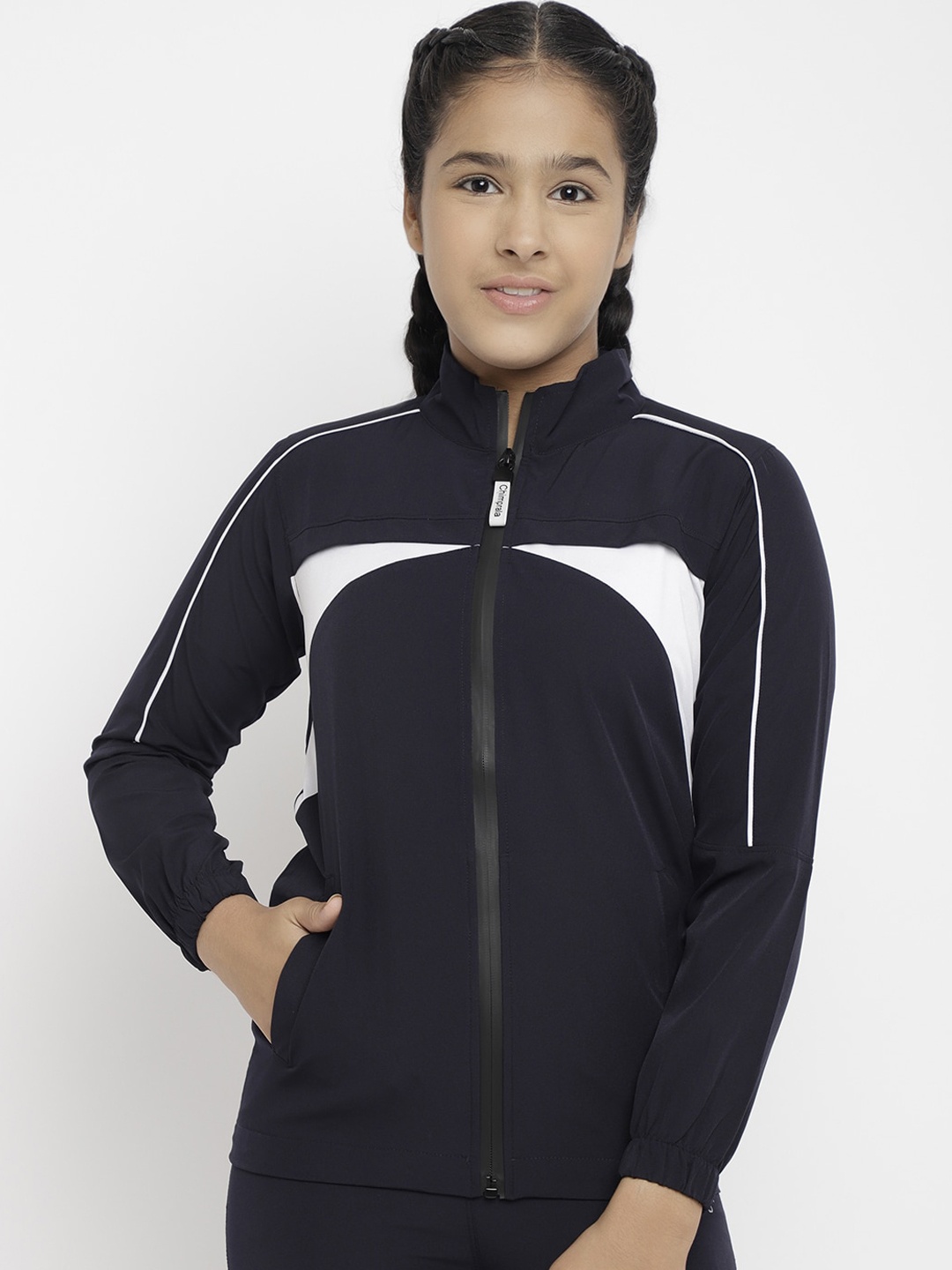 

CHIMPRALA Girls Navy Blue White Colourblocked Water Resistant Sporty Jacket