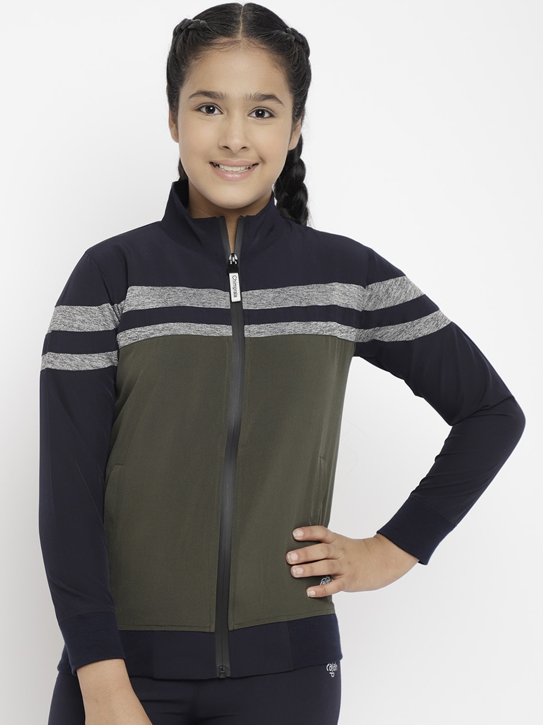 

CHIMPRALA Girls Navy Blue Olive Green Striped Water Resistant Sporty Jacket