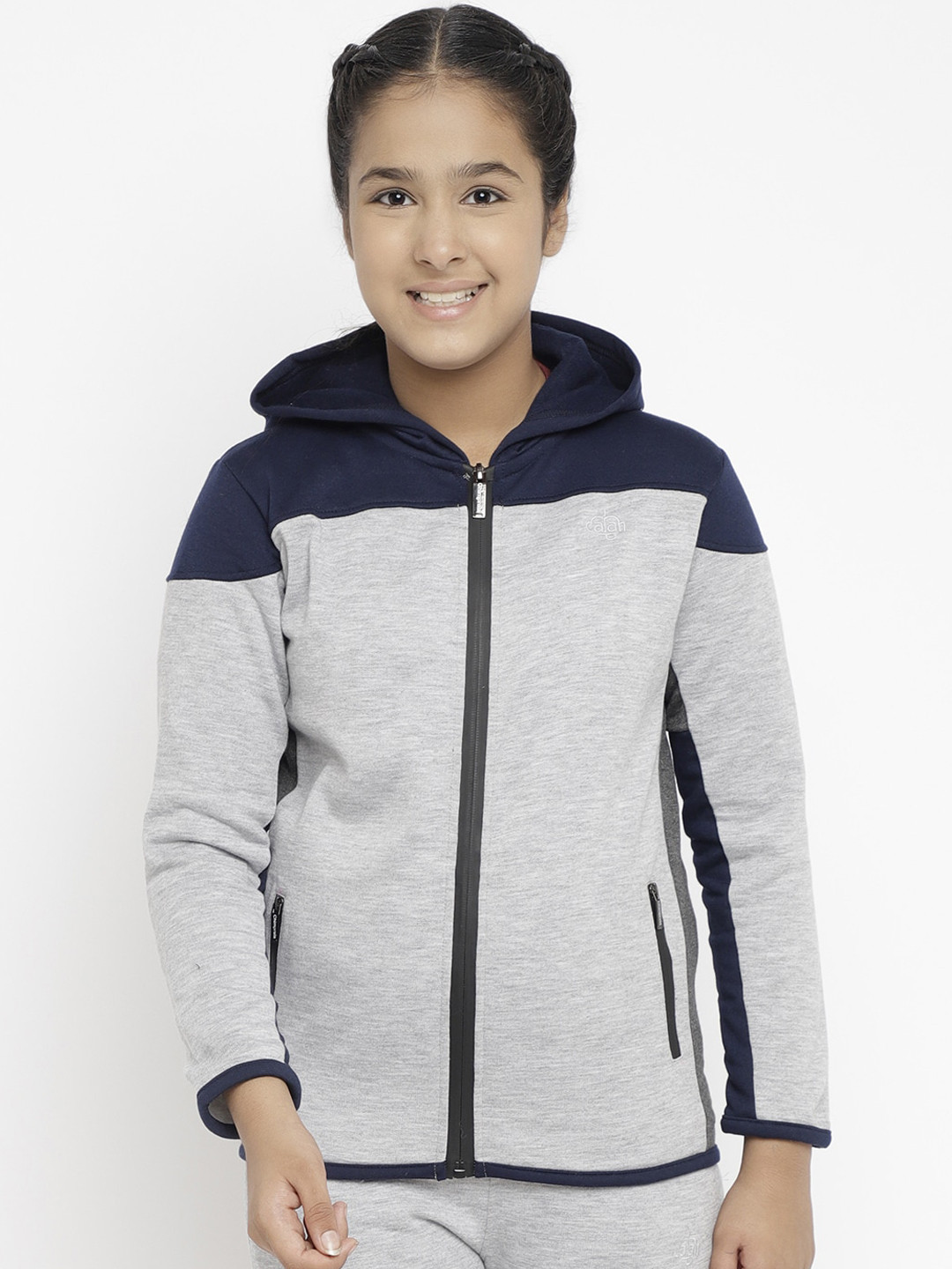 

CHIMPRALA Girls Grey & Navy Blue Colourblocked Fleece Antimicrobial Sporty Jacket