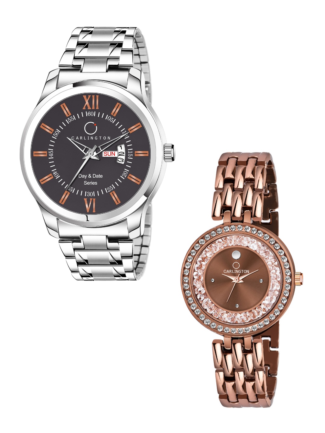 

CARLINGTON Unisex Set of 2 Analogue Watches Combo G01 Chocolate and Mova Diamond Brown, Multi