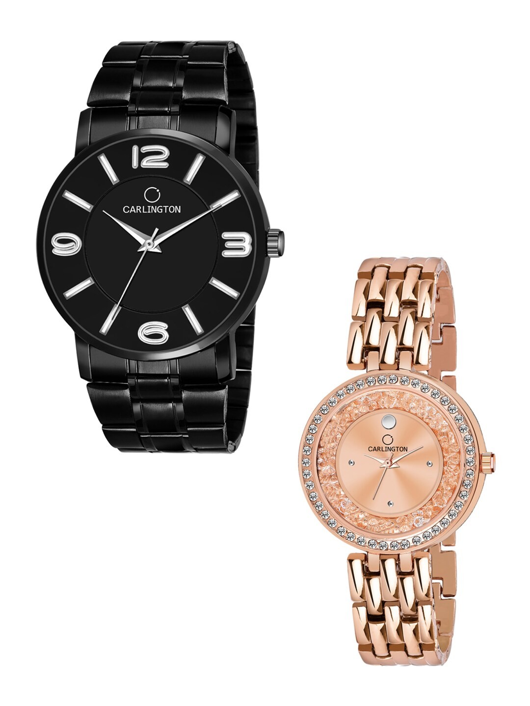 

CARLINGTON Pack-2 Bracelet Style Straps Watch Combo CT-6030BB and Mova Diamond RoseGold, Black