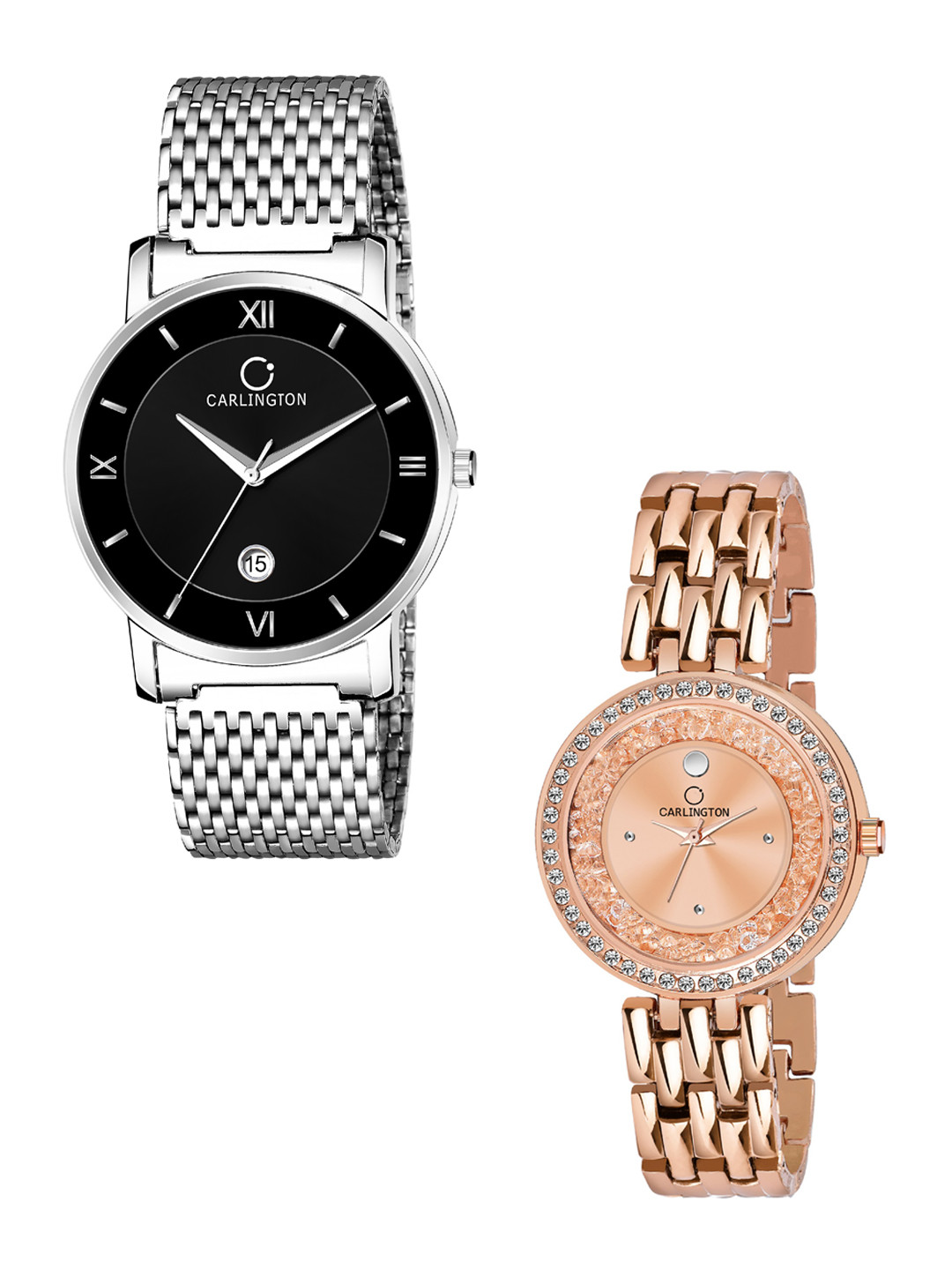 

CARLINGTON Unisex Set of 2 Brass Embellished Dial & Stainless Steel Straps Watch Combo G02, Silver