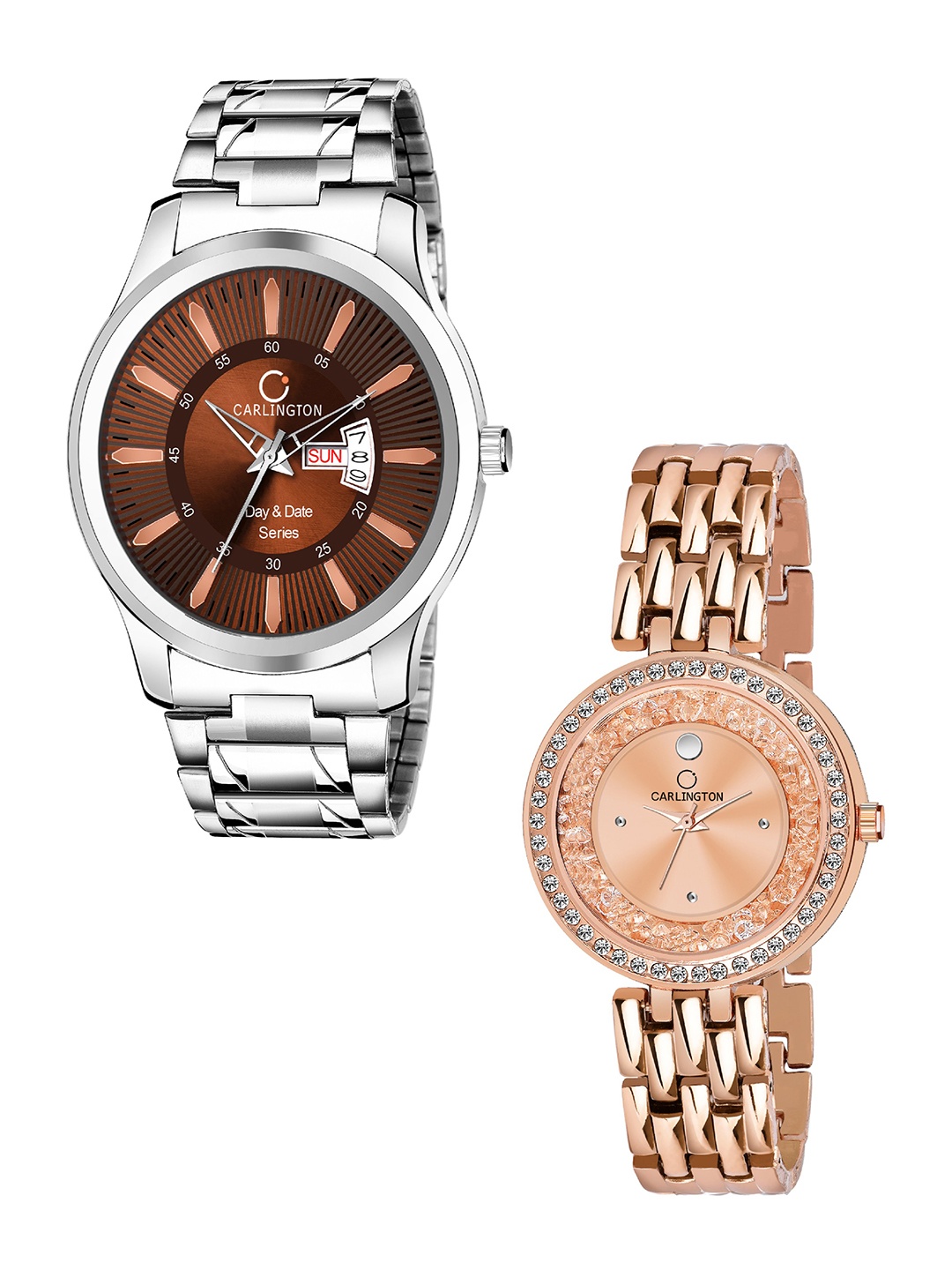 

CARLINGTON Unisex Set of 2 Analogue Watches Combo G01 Brown and Mova Diamond RoseGold, Multi