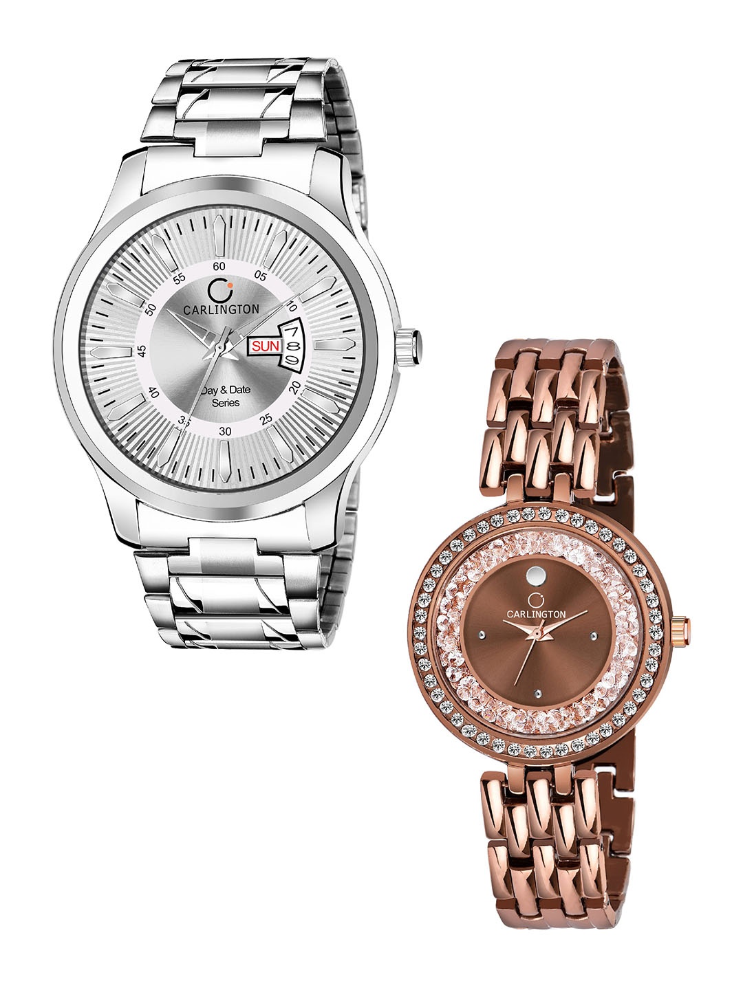 

CARLINGTON Pack-2 Analogue Watch Combo G01 Silver and Mova Diamond Brown