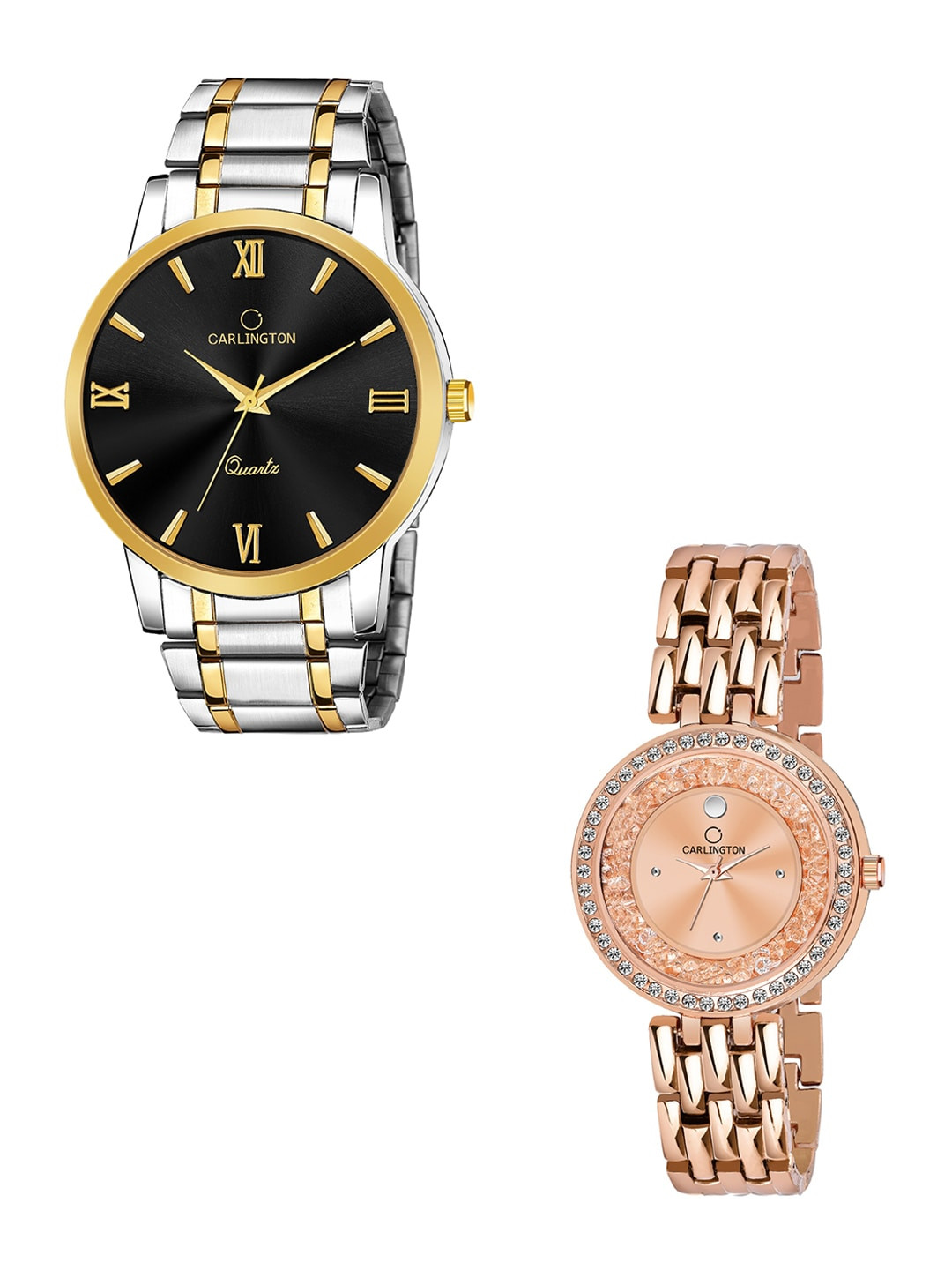 

CARLINGTON His & Her Black & Rose Gold Brass Dial Stainless Steel Bracelet Style Watches